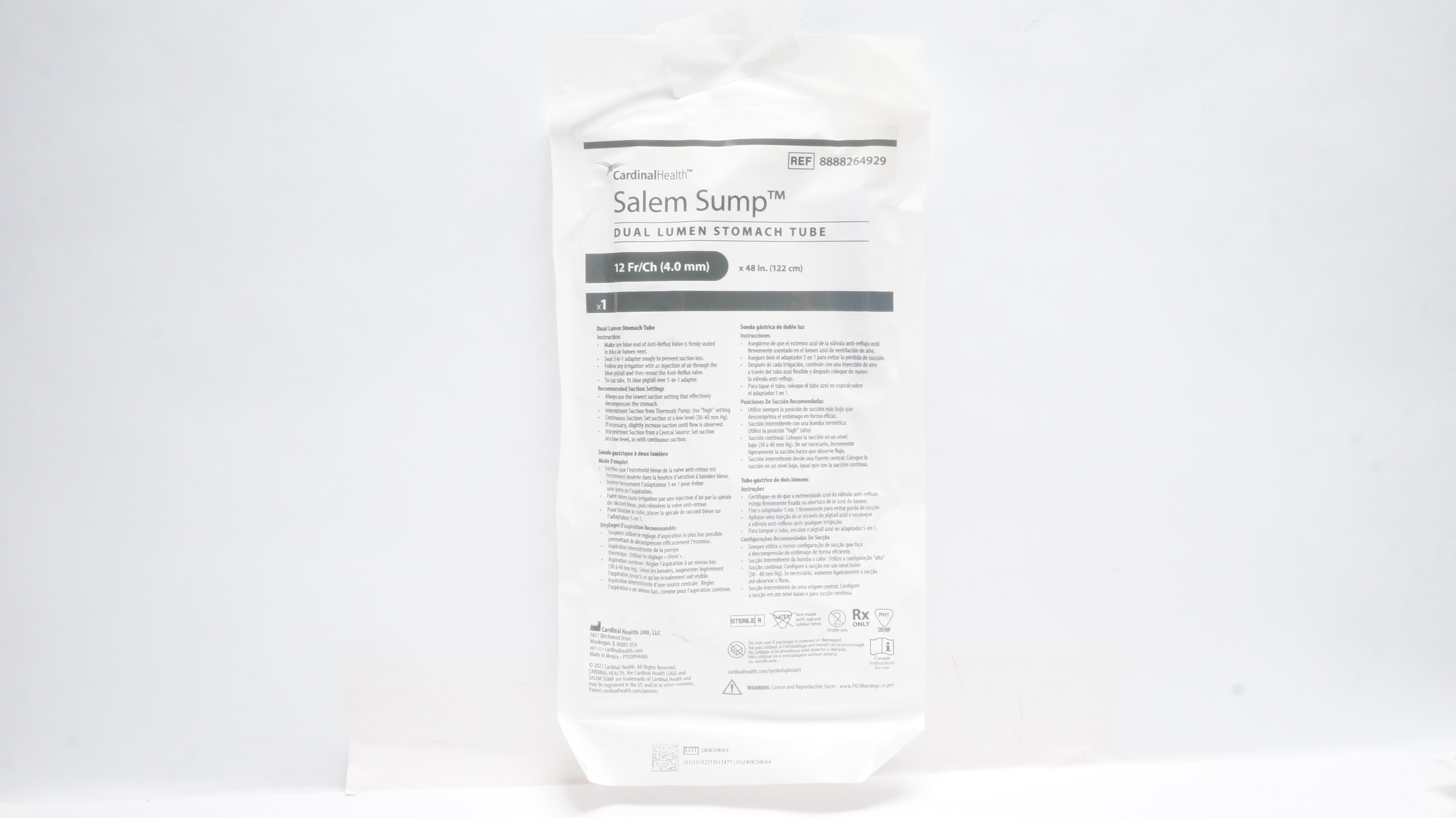 Cardinal Health 8888264929 Salem Sump Dual Lumen Stomach Tube 12fr/Ch x 48In