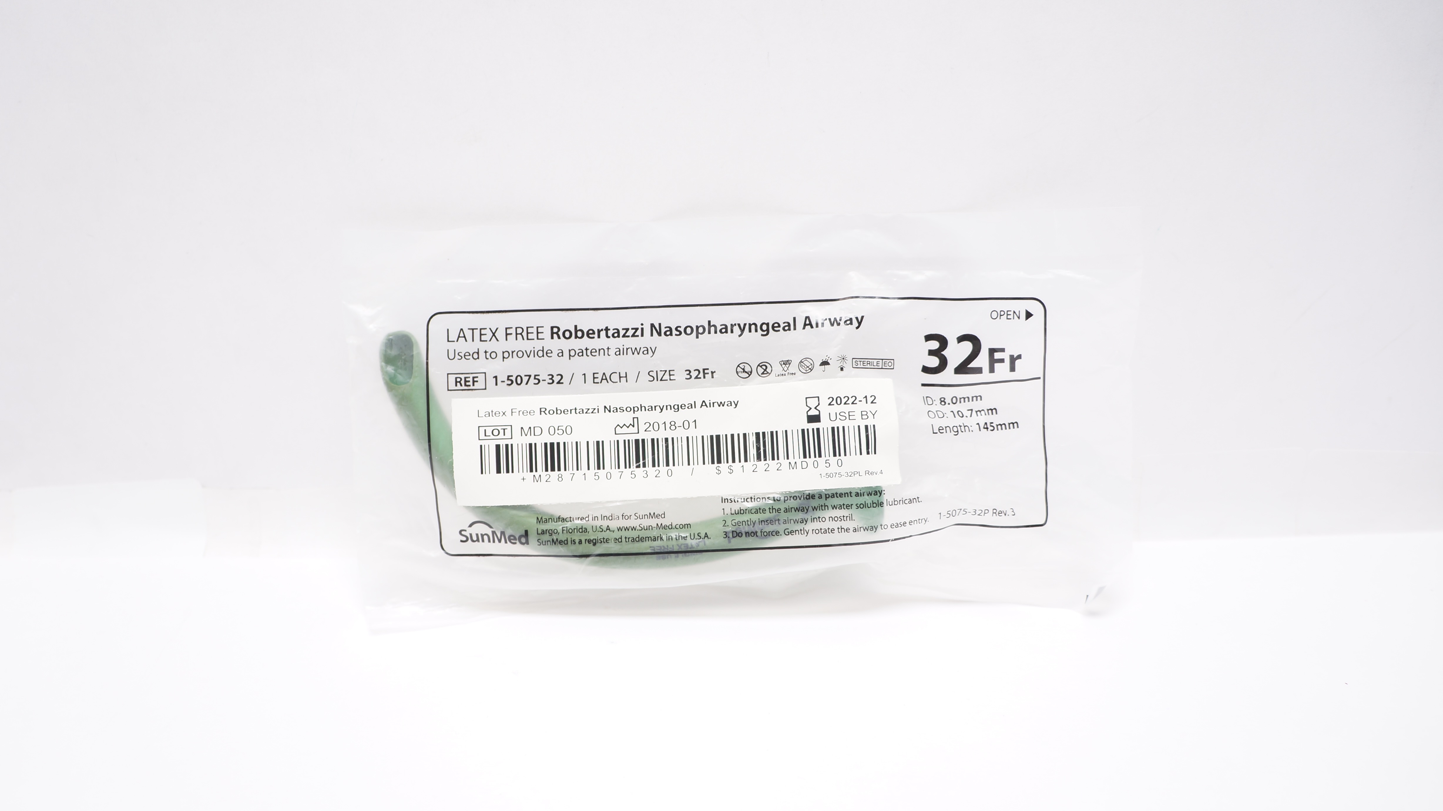 SunMed 1-5075-32 Robertazzi Nasopharyngeal Airway 32Fr x 8.0mm ID x 10.7mm OD(x)