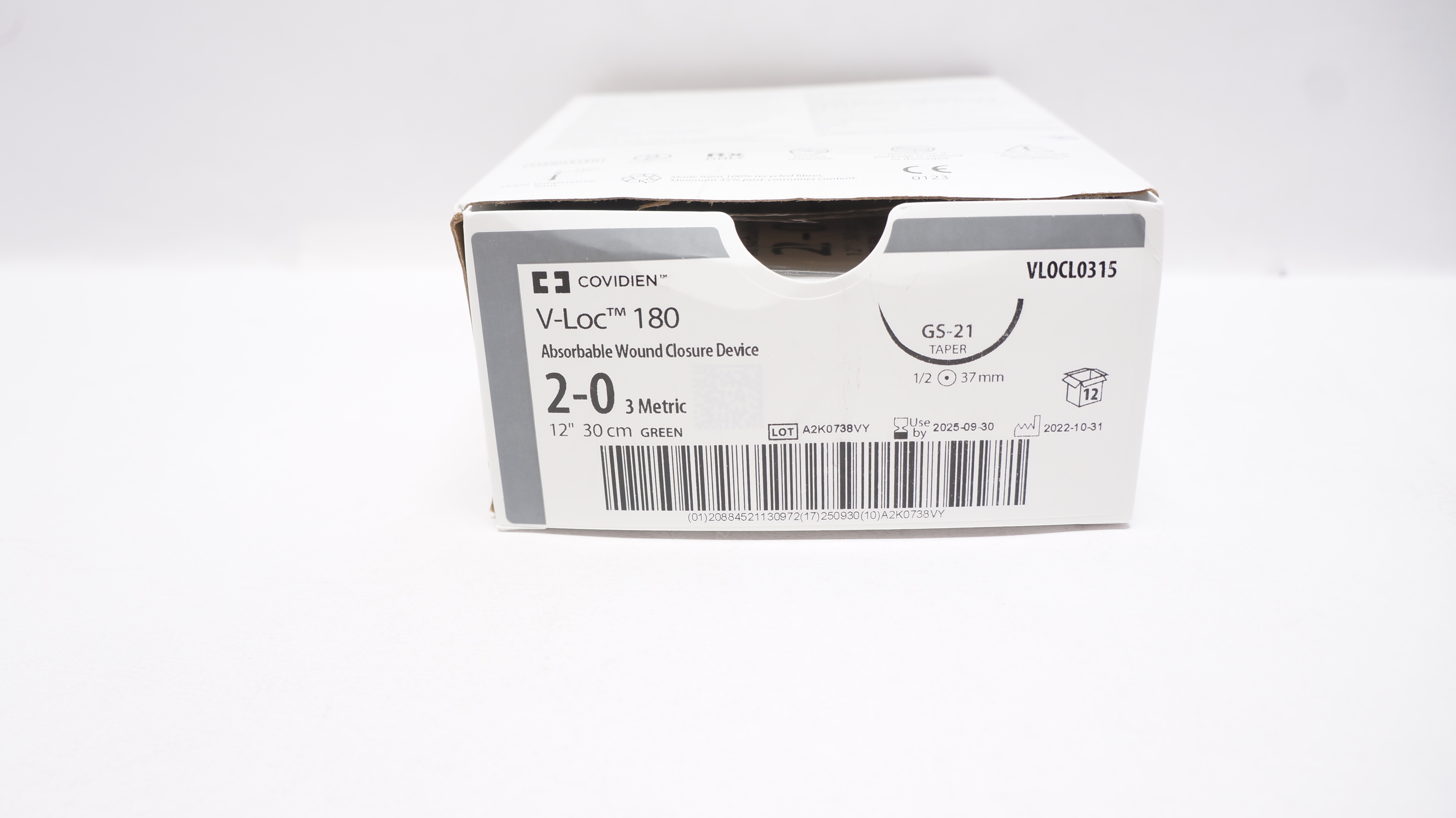 Covidien VLOCL0315, 2-0 V-Loc 180 Green, GS-21 1/2c 37mm Taper, 12inch -Box of 8