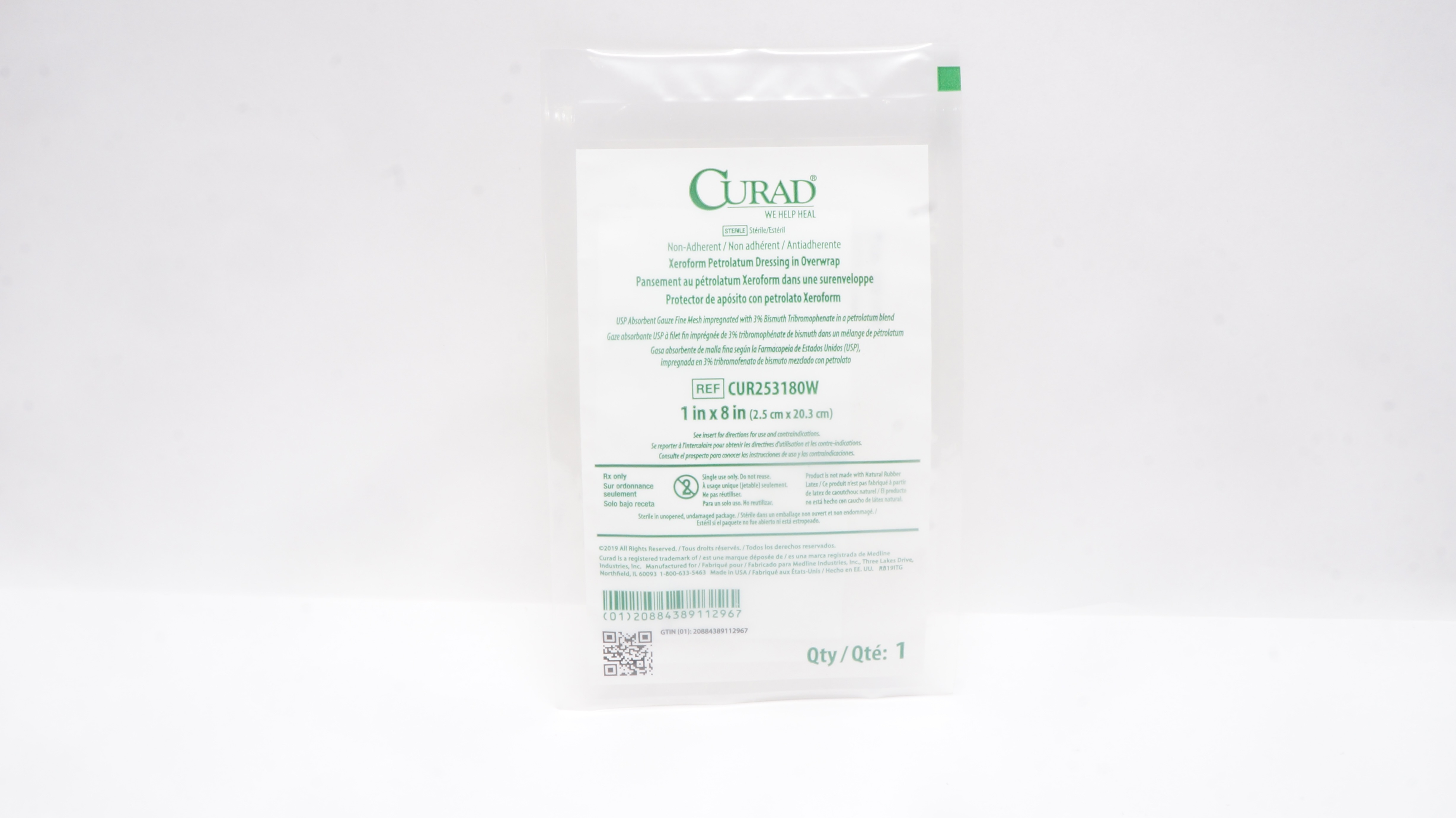 Medline CUR253180W Curad Xeroform Petrolatum Dressing 1inch x 8inch