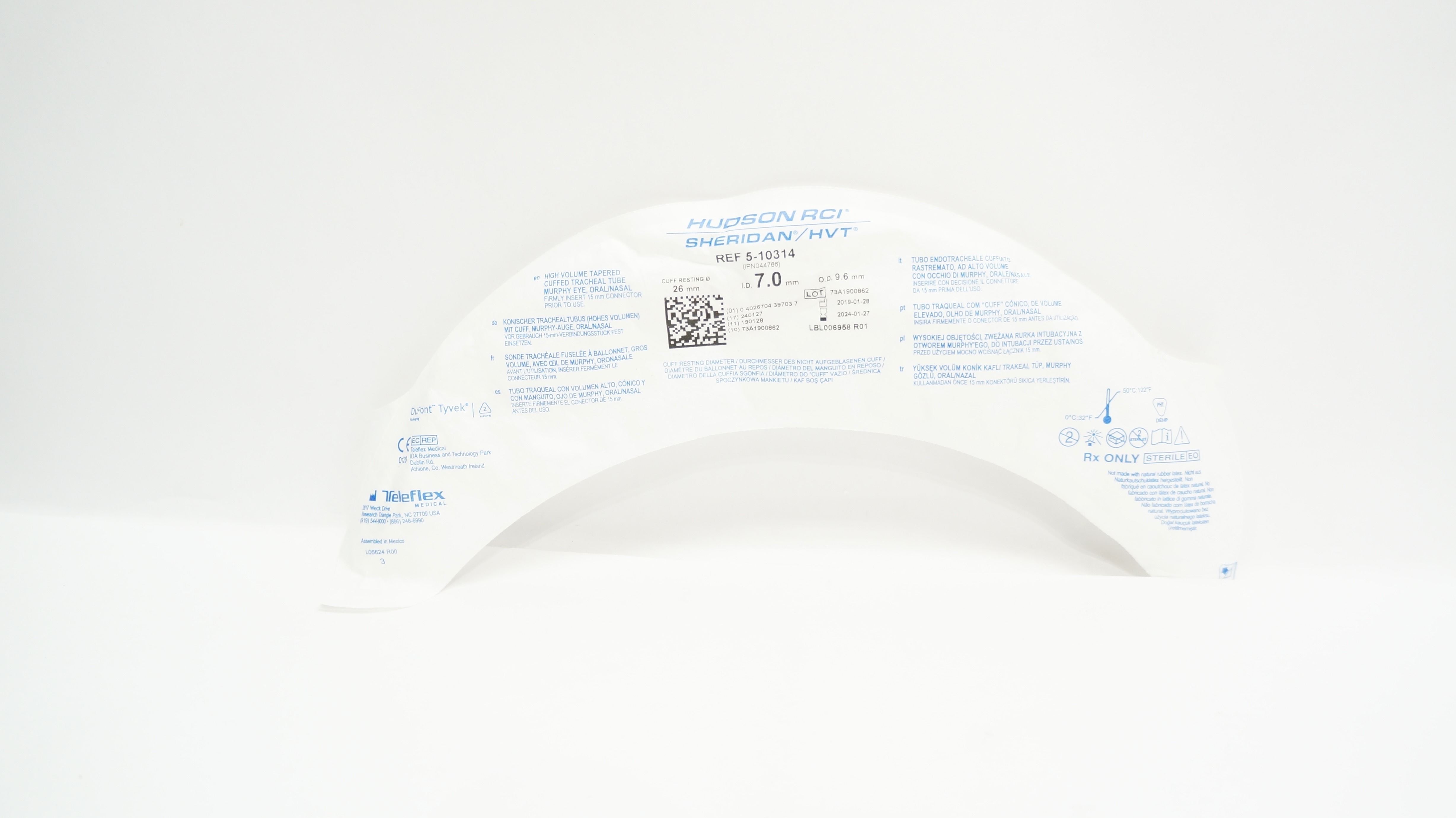 Teleflex 5-10314 Hudson RCI Sheridan HVT Cuffed Tracheal Tube 7.0 x 9.6 x 26mm