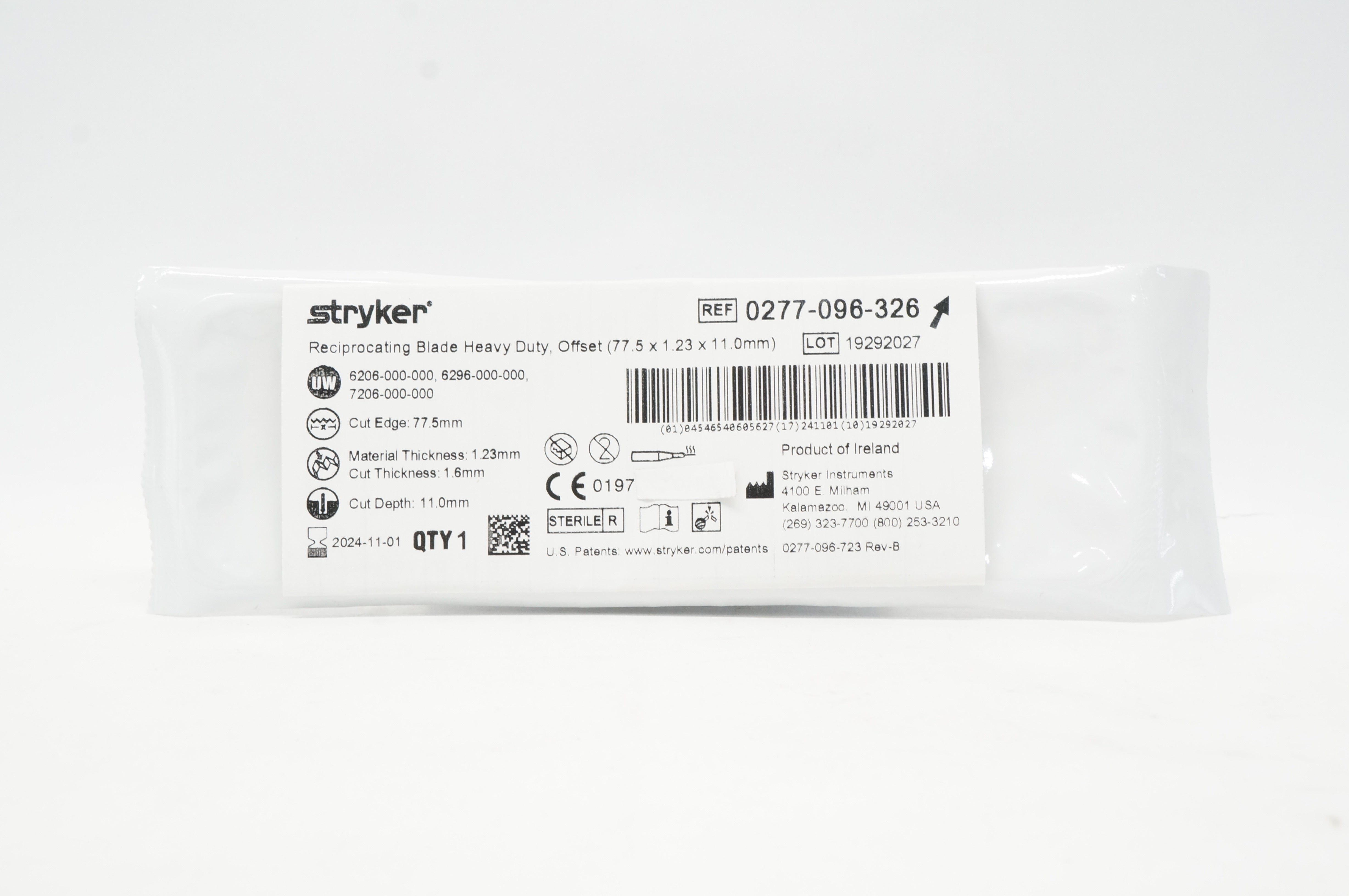 Stryker 0277-096-326 Reciprocatintg Blade Heavy Duty Offset 77.5 x 1.23 x 11.0mm