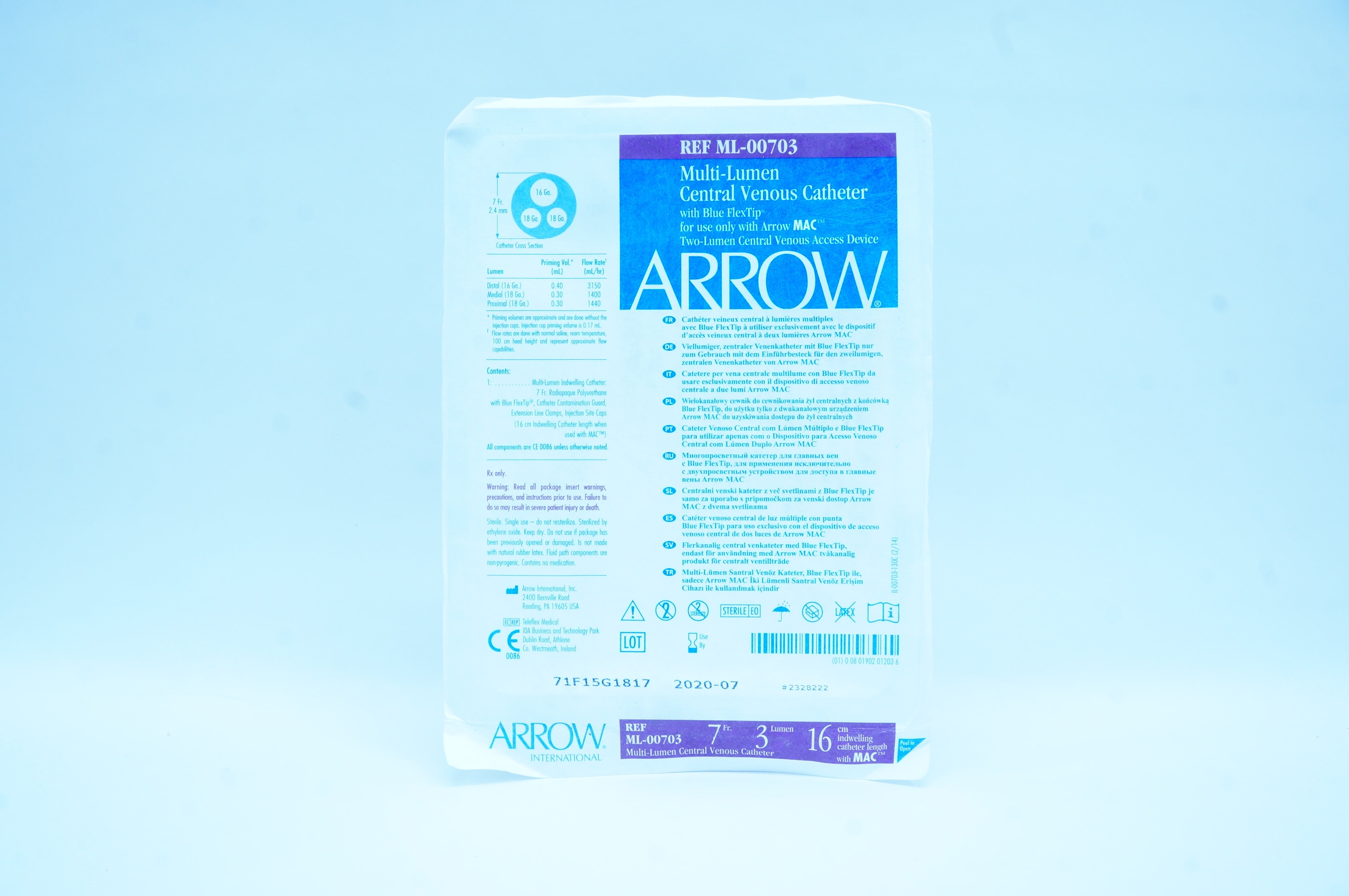 Arrow ML-00703 Multi-Lumen Central Venous Cath. 7Fr. x 16cm (x)