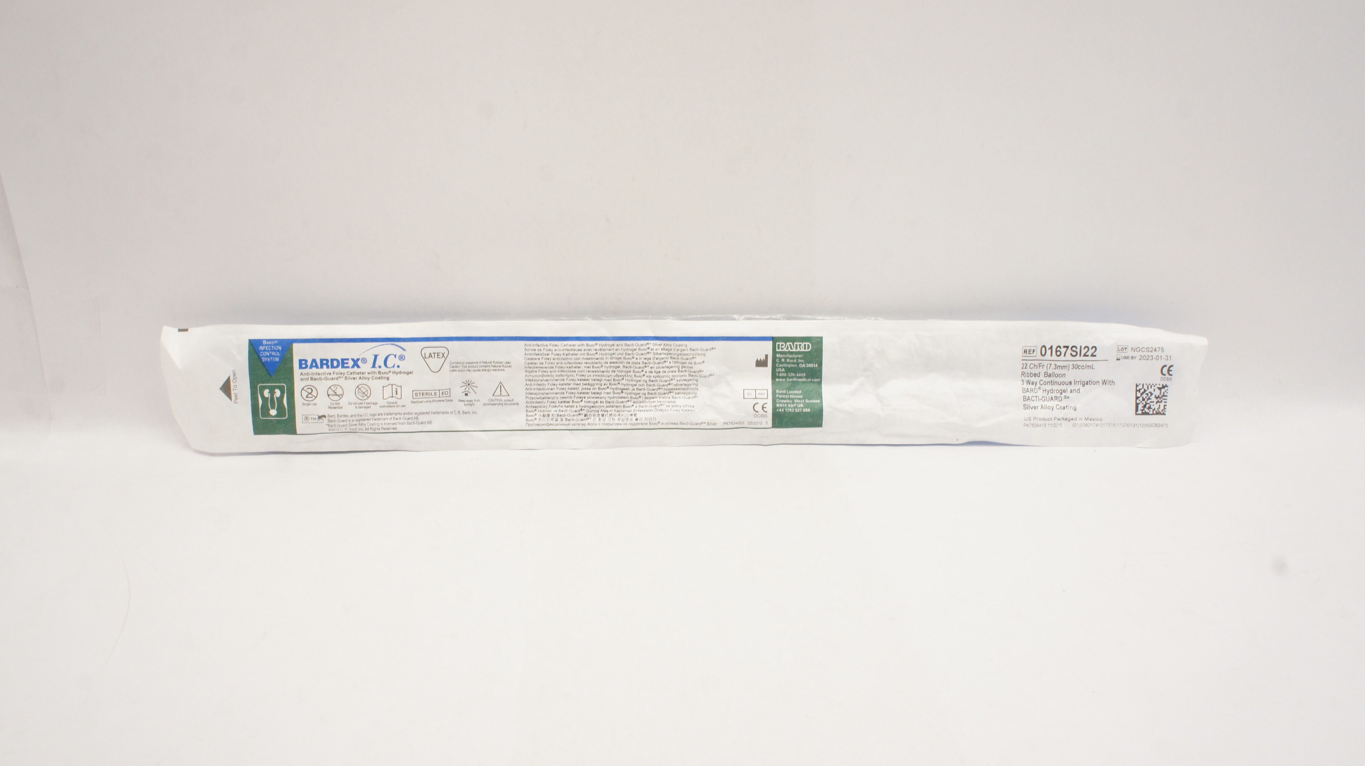 Bard 0167SI22 Bardex Anti-Infectie Foley Cath. 22Ch/Fr 30cc/mL Ribbed Balloon