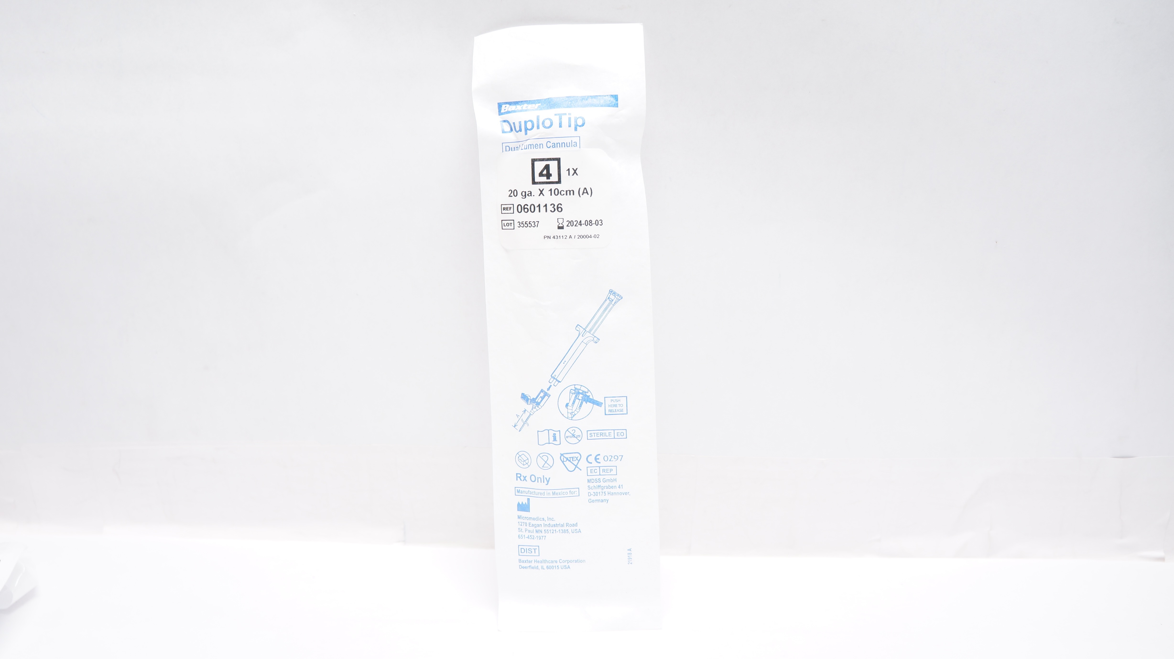 Micromedics 0601136 Baxter DuploTip Dual Lumen Cannula 20ga x 10cm