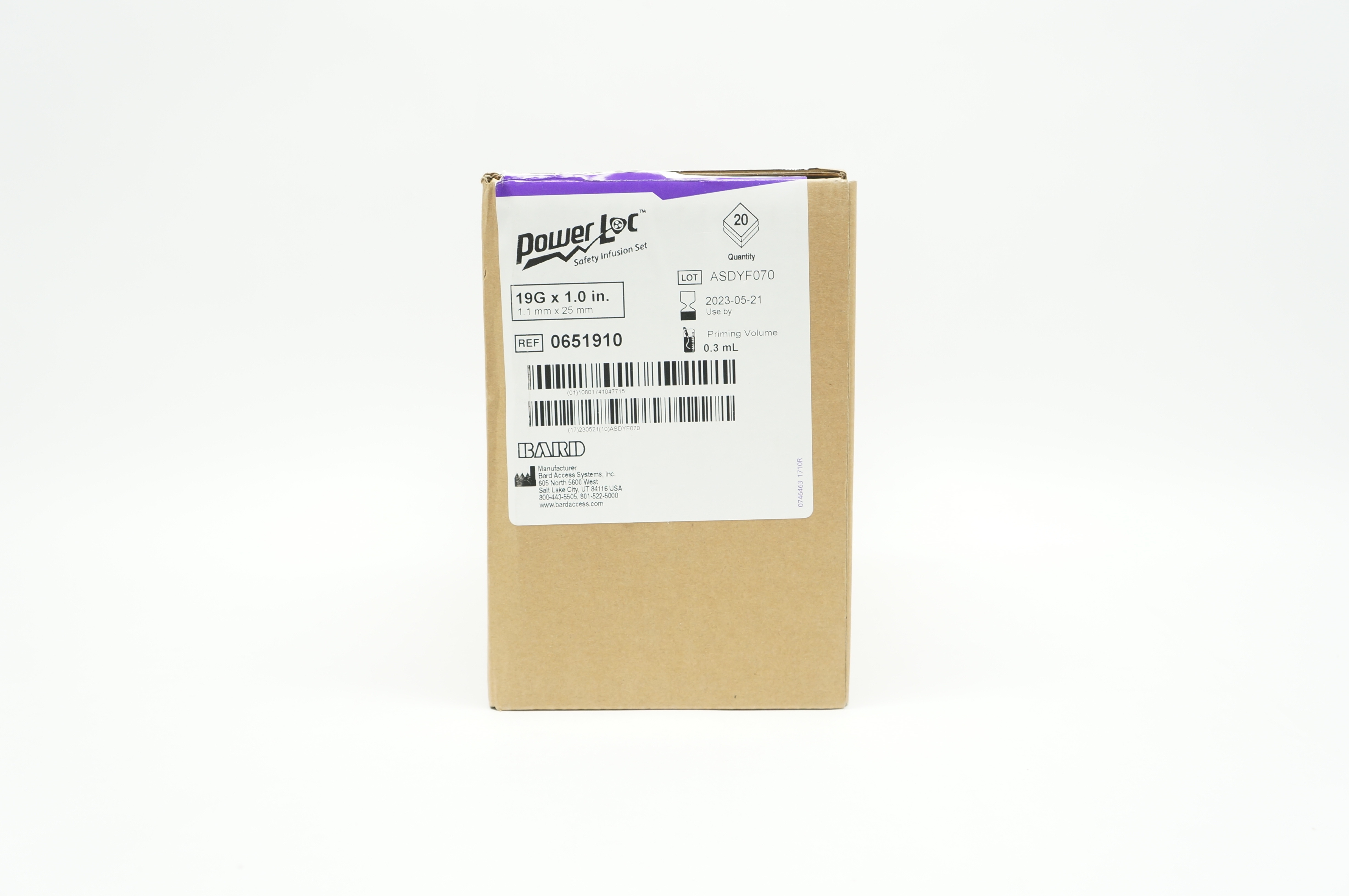 Bard 0651910 PowerLoc Safety Infusion Set 19G x 1.0inch - Box of 20