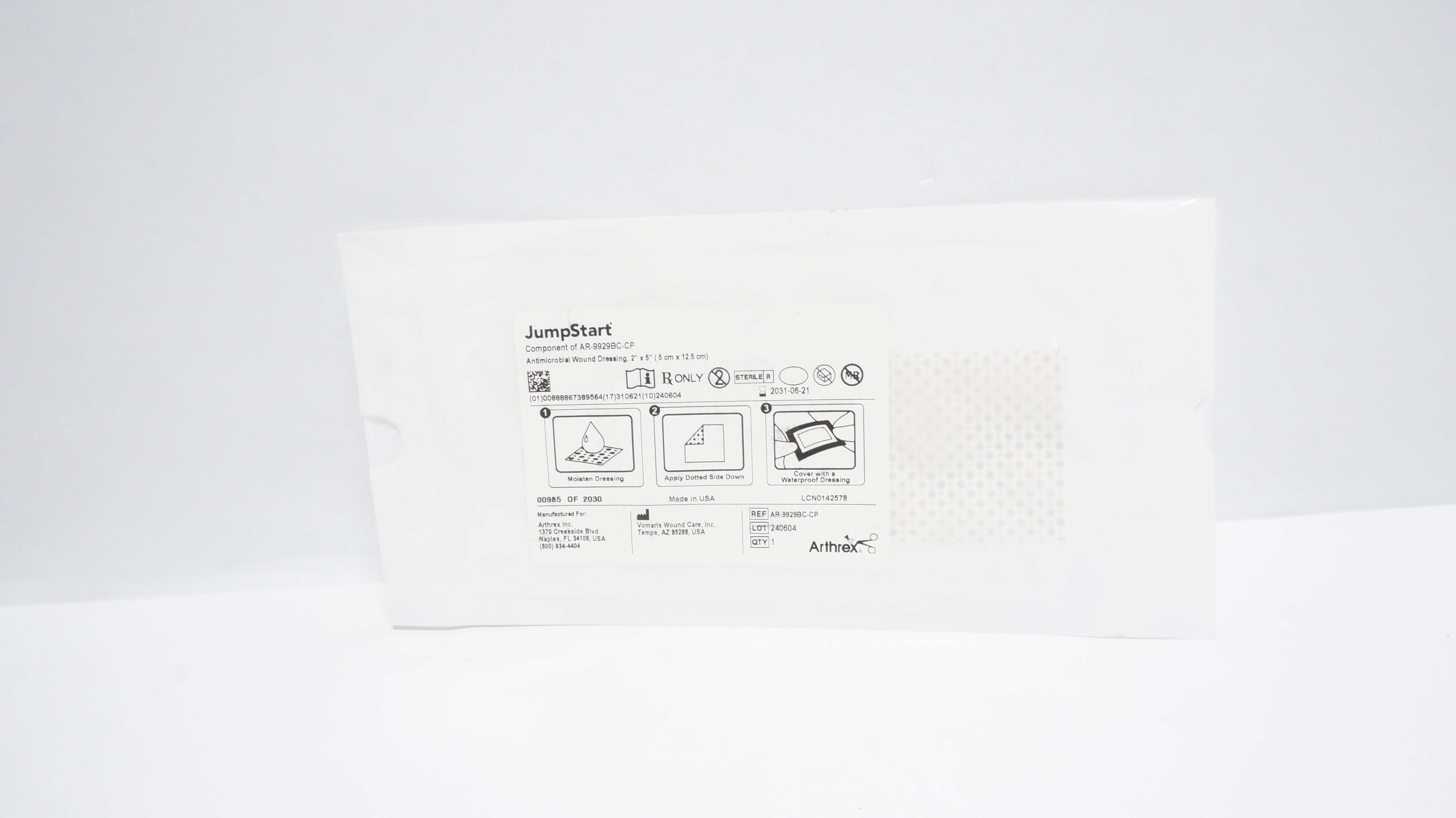 Arthrex AR-9929BC-CP JumpStart Antimicrobial Wound Dressing 2 x 5inch