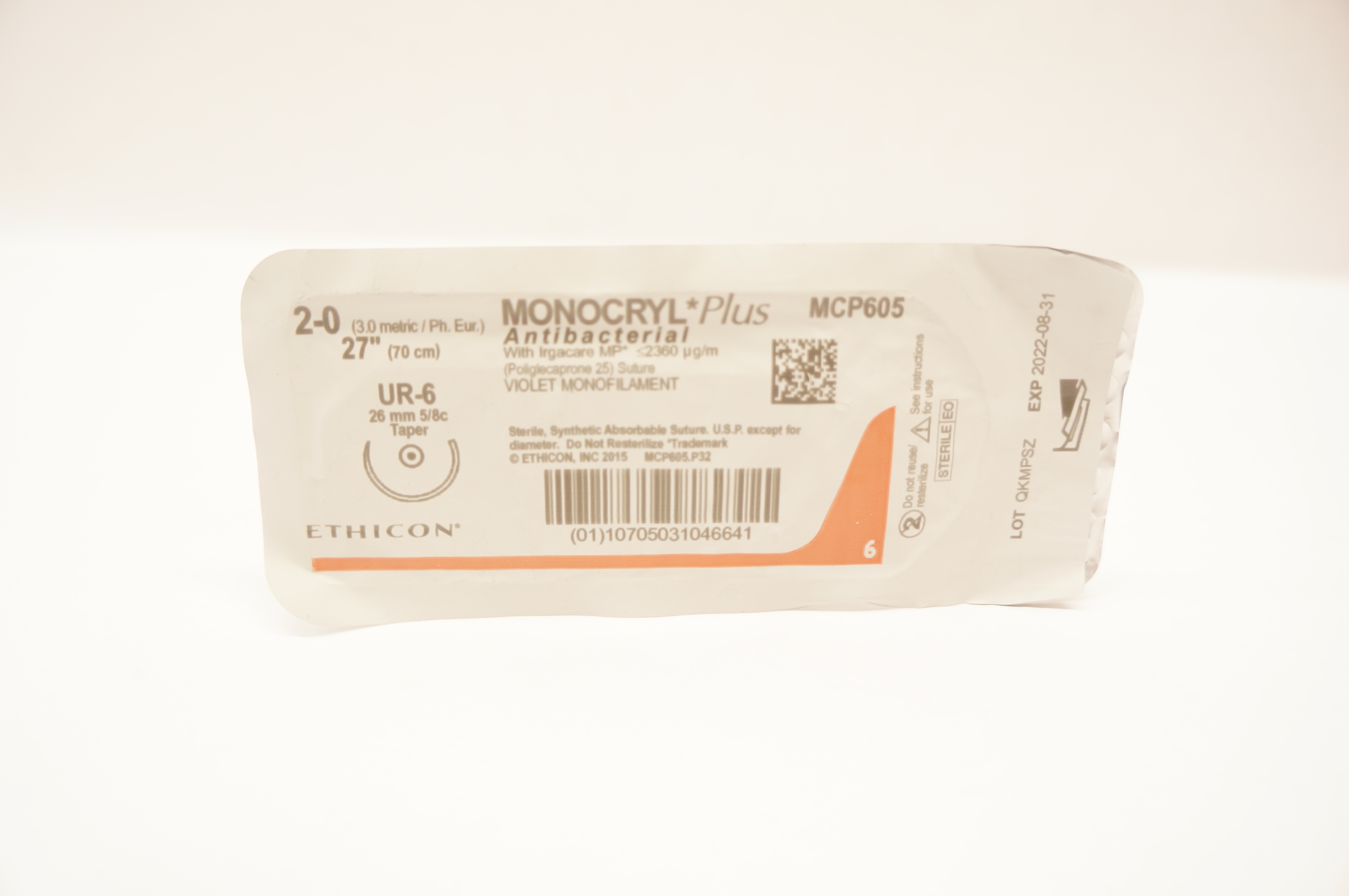 Ethicon MCP605 2-0 MONOCRYL Plus Violet UR-6 26mm 5/8c Taper, 27inch (x)