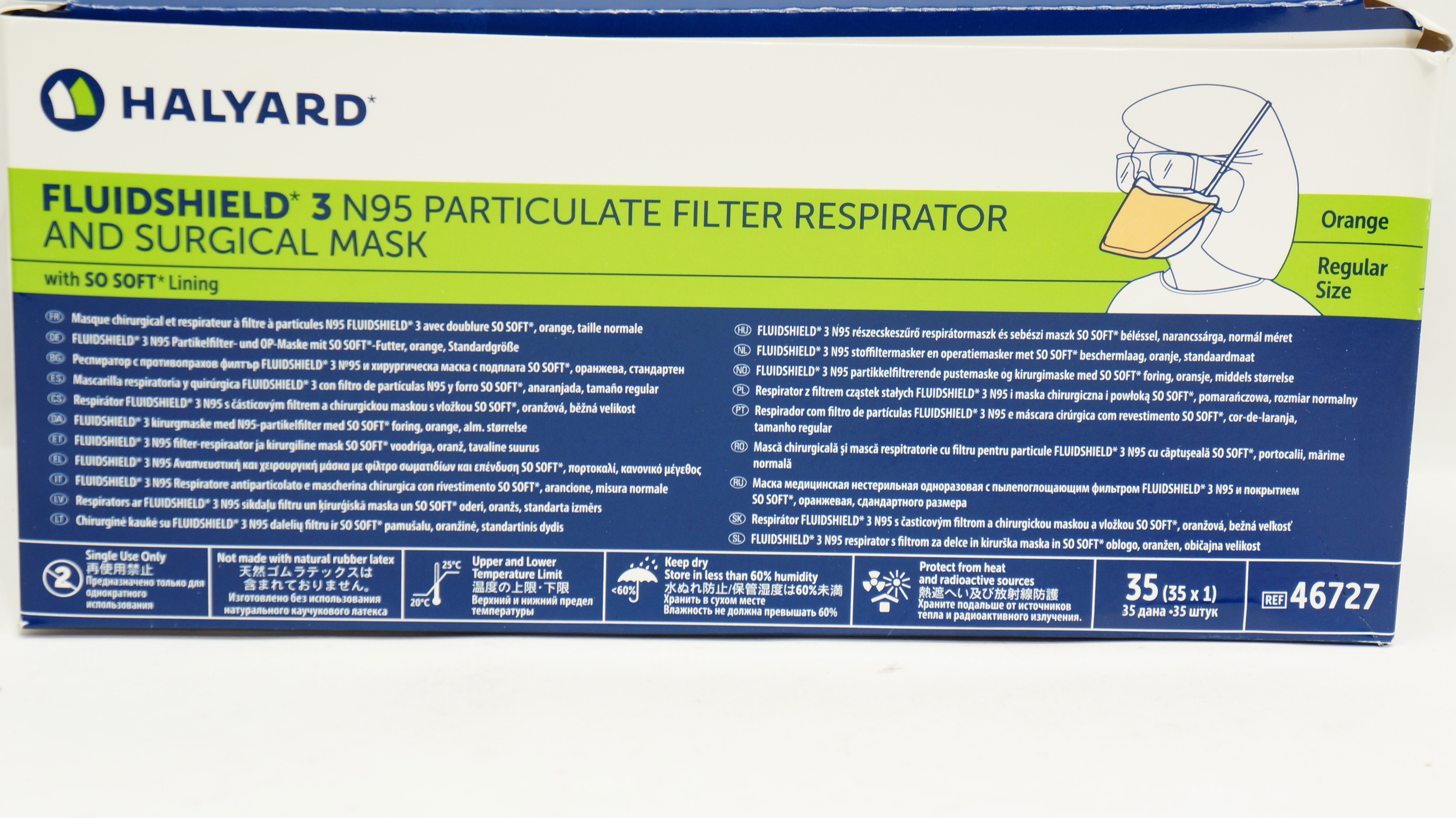 Halyard 46727 Fluidshield 3 N95 Filter Respirator & Surgical Mask(x) - Box of 35