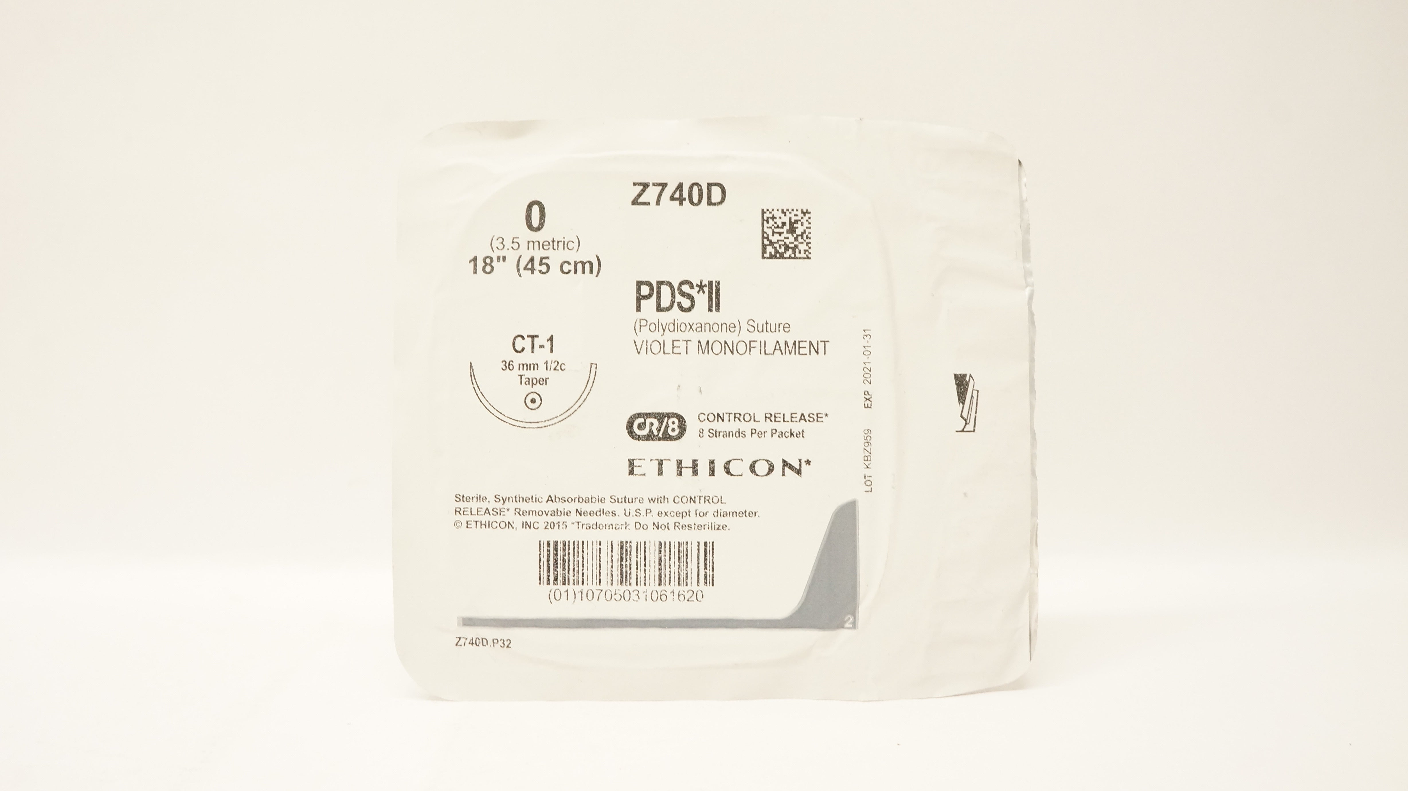 Ethicon Z740D 0 PDS II VIOLET MONOFILAMENT CT-1 36mm 1/2c Taper, 18inch (x)