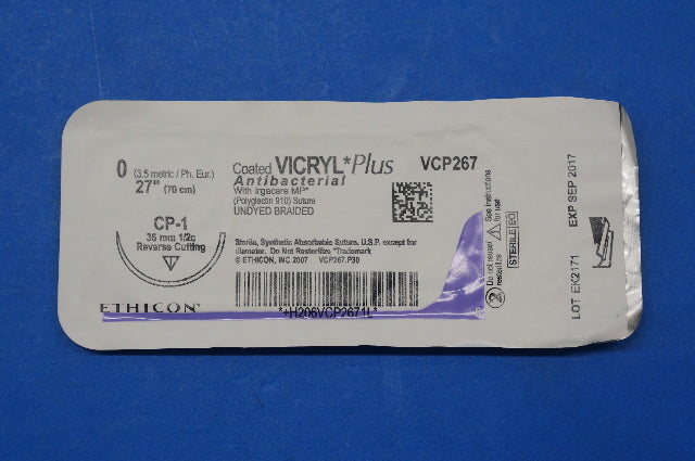 Ethicon VCP267 0 VICRYL Plus, CP-1 36mm 1/2c Reverse Cutting, Antibacterial, 27