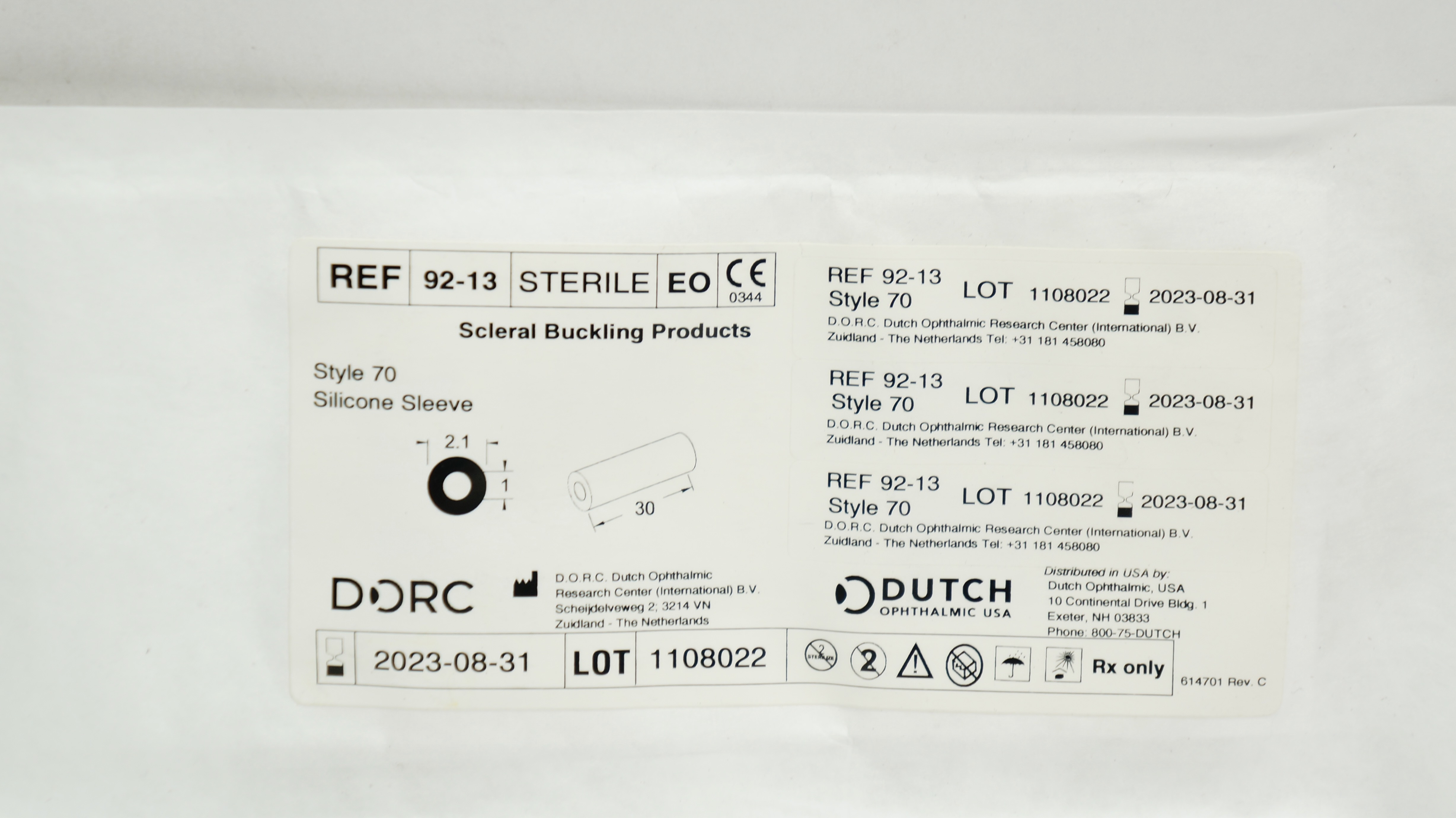DORC 92-13 Scleral Buckling Products Style 70 Silicone Sleeve 2.1 x 30
