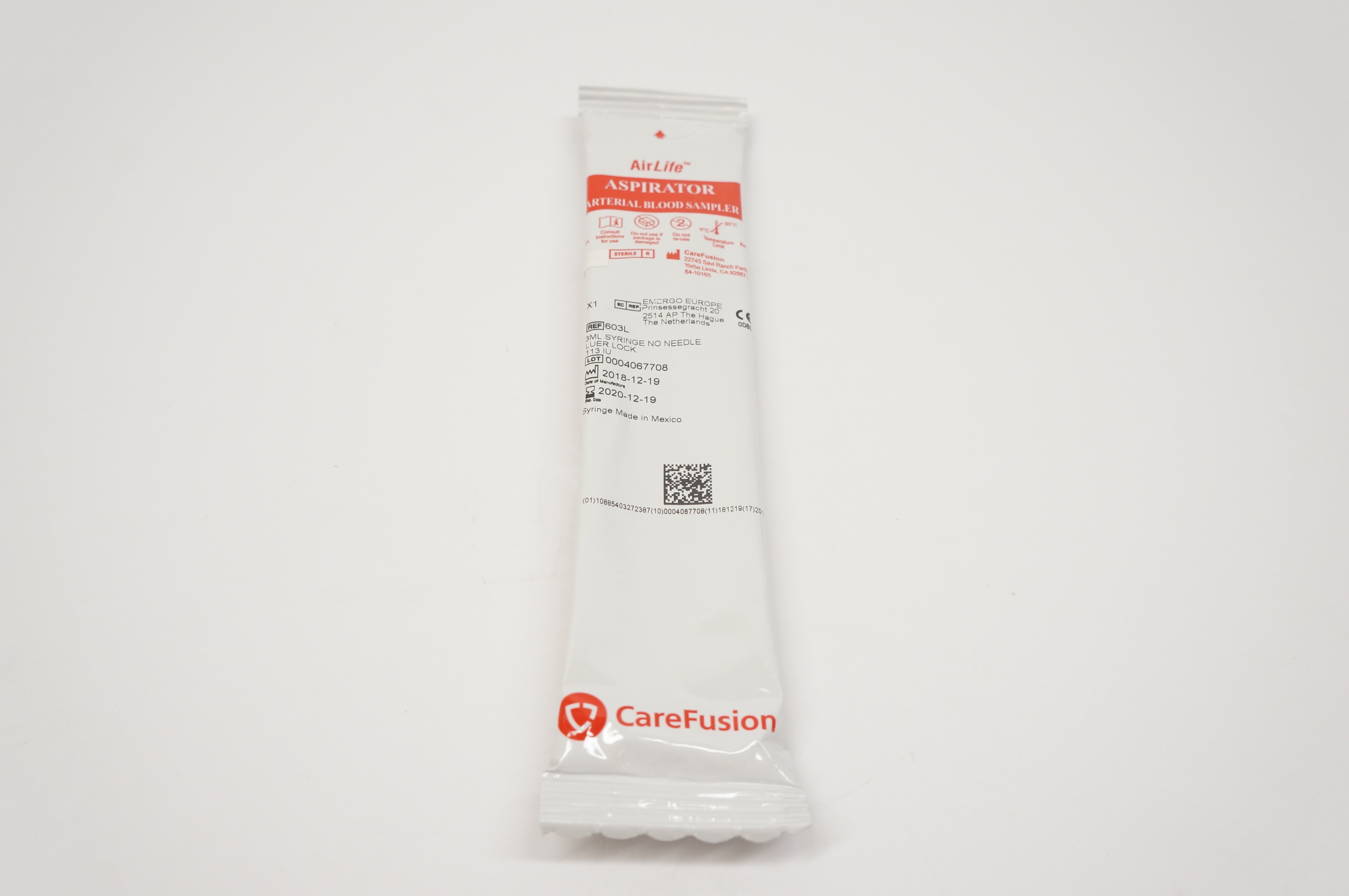 CareFusion 603L Aspirator Arterial Blood 3ml Syringe No Ndle Luer Lock