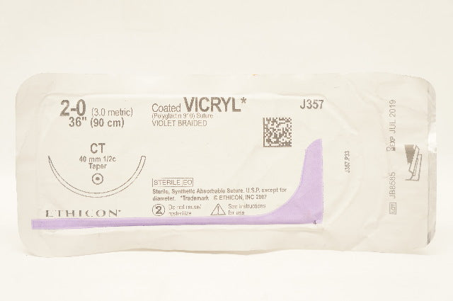 Ethicon J357 2-0 Coated Vicryl Violet Braided CT 40mm 1/2c Taper 36inch (x)