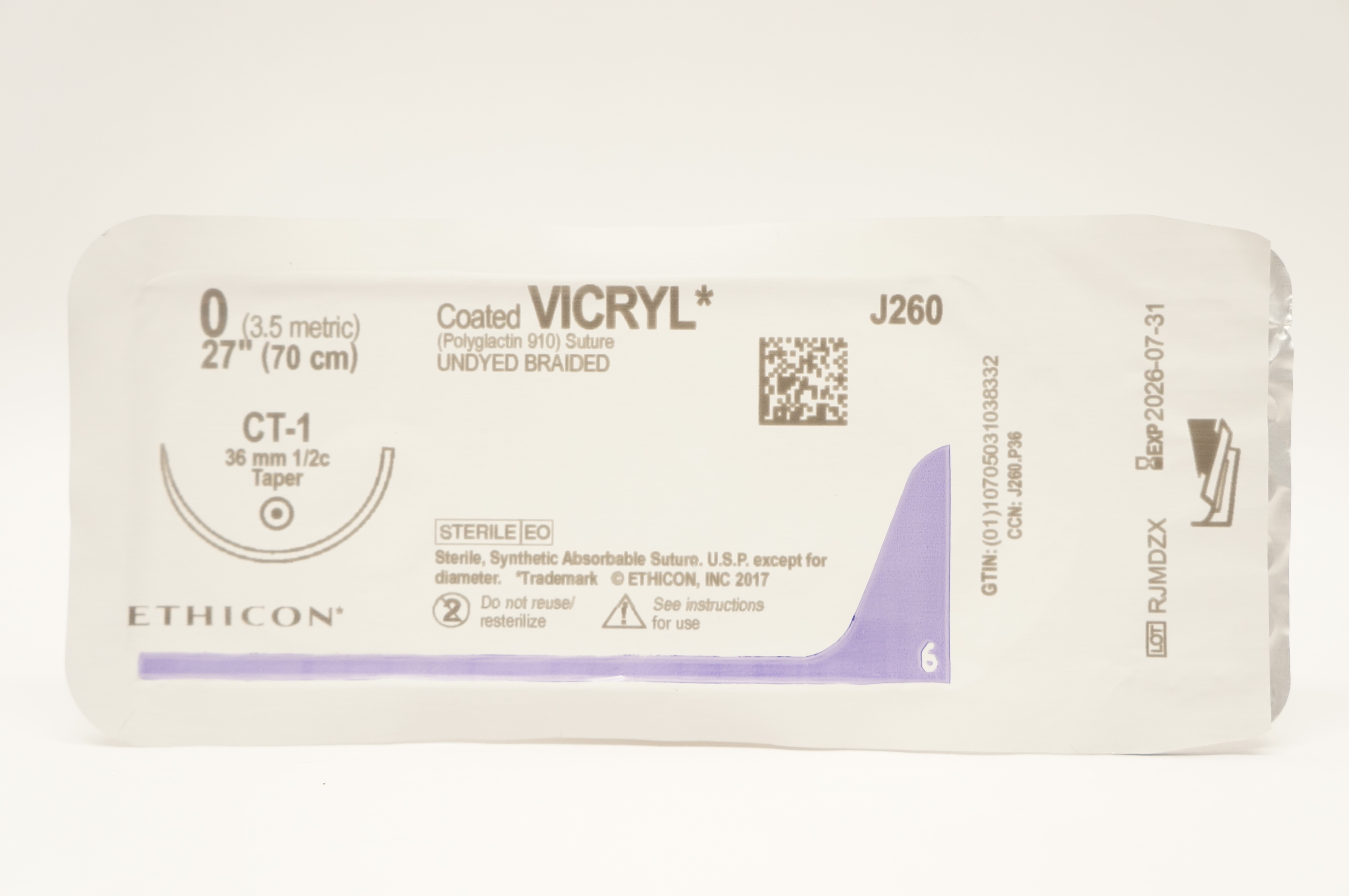 Ethicon J260 0 Coated VICRYL Stre, Undyed Braided, CT-1 36mm 1/2c Taper, 27 inch