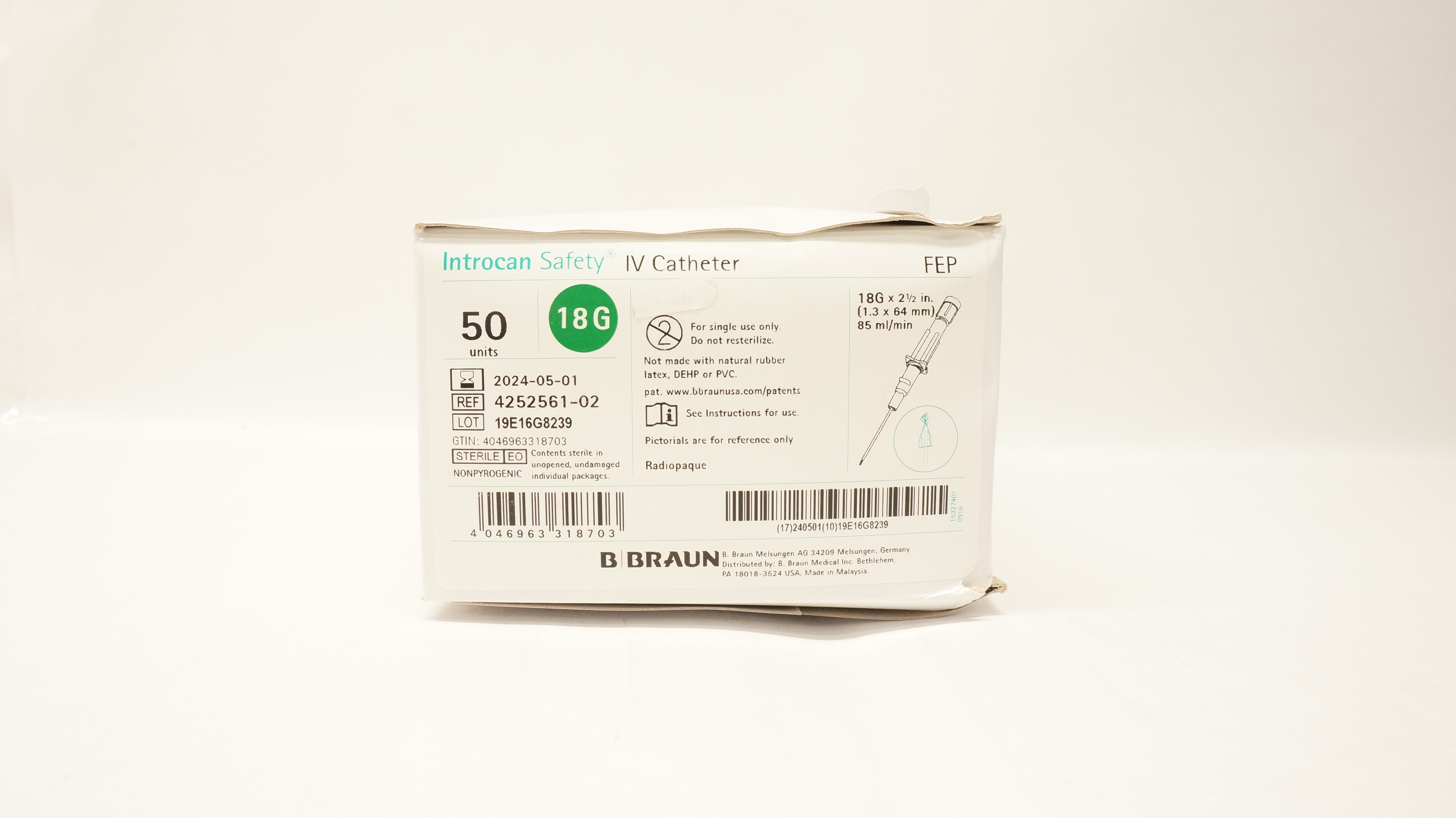 Braun 4252561-02 Introcan Safety IV Cath. 18G x 2-1/2 inch, 85ml/min - Box of 50