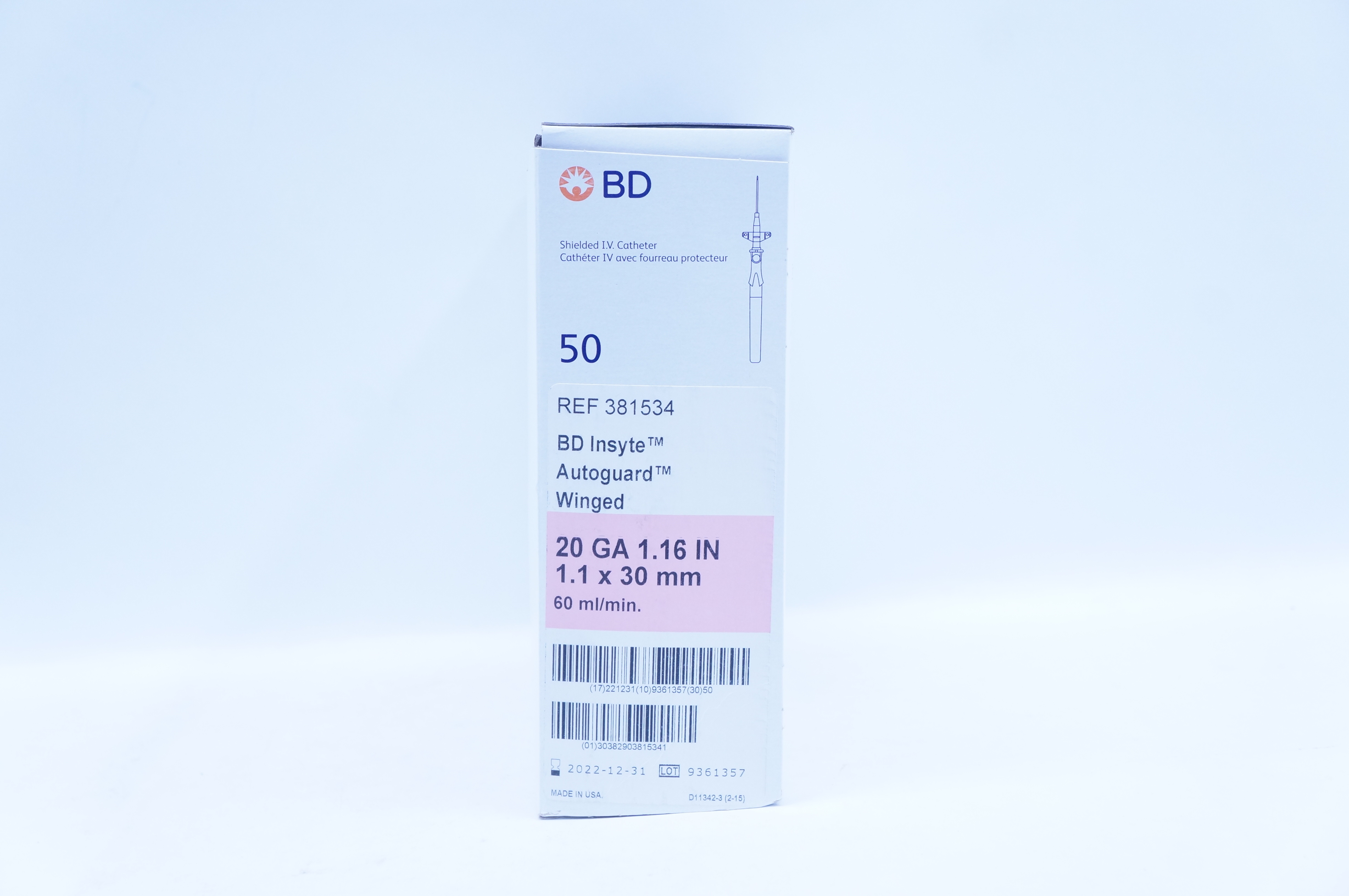 BD 381534 Insyte Autoguard Shielded I.V. Cath. 20Ga x 1.16inch - Box of 50