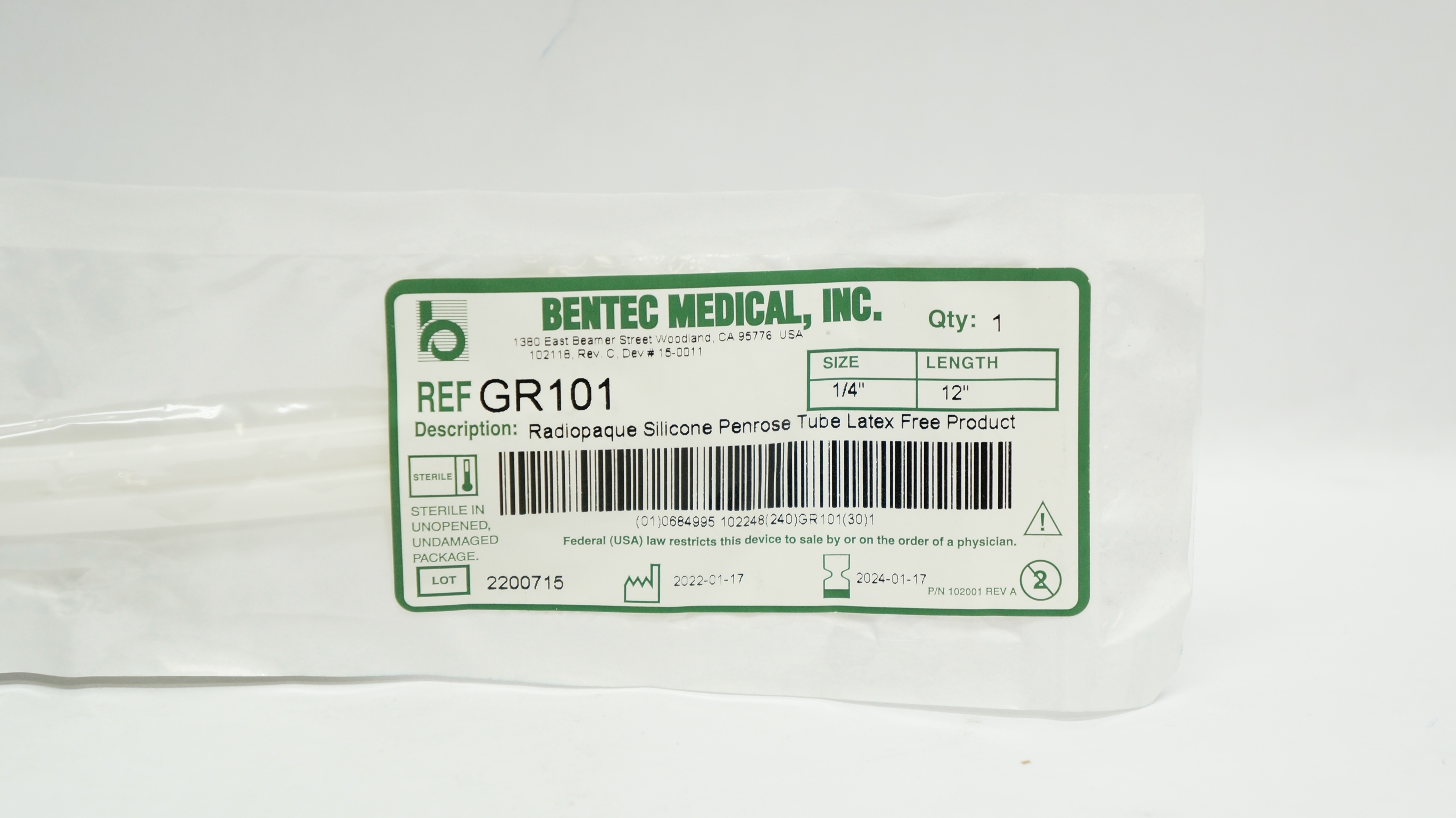 Bentec Medical GR101 Radiopaque Silicone Penrose Tube Latex Free 1/4 x 12inch