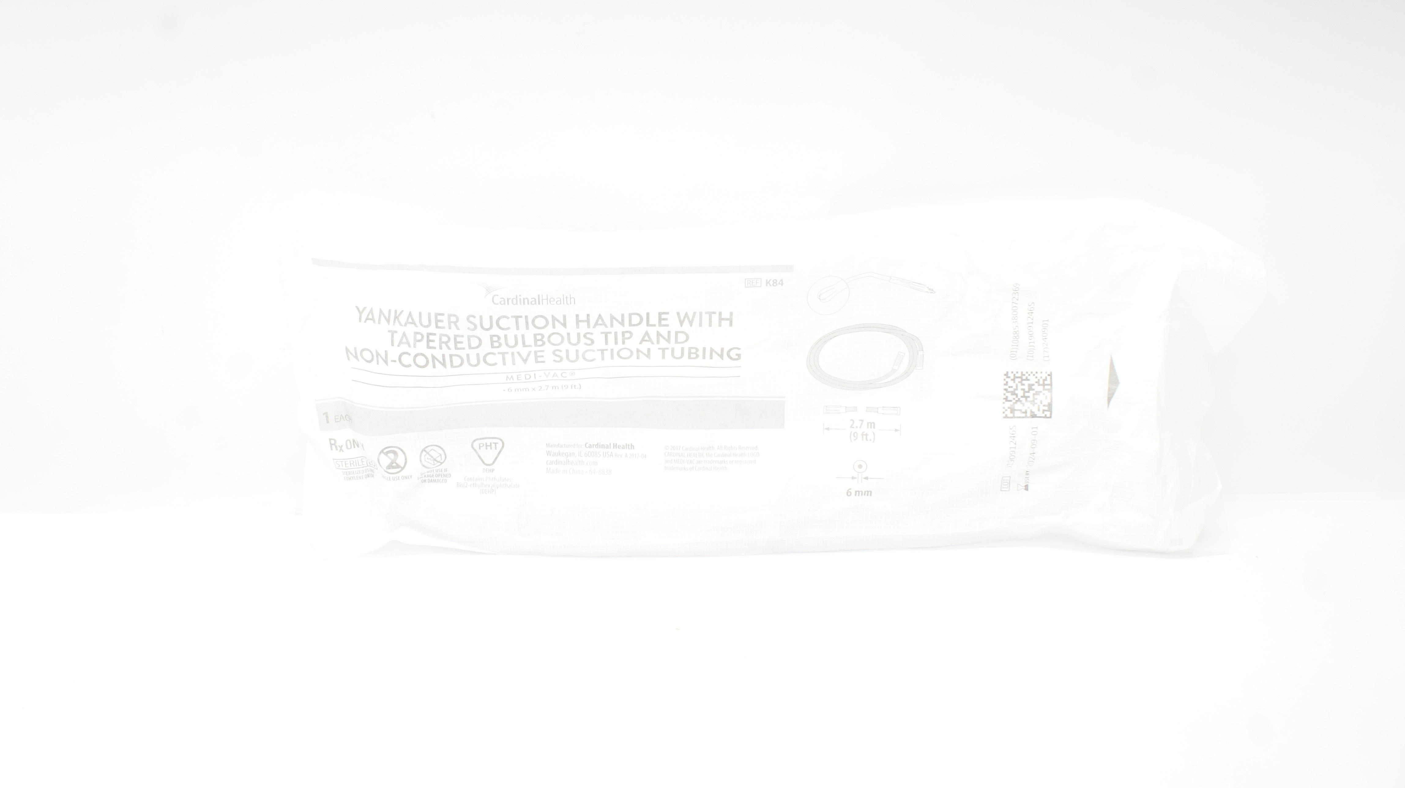 Cardinal Health K84 Yankauer Suction Handle w/Tapered Tip &Tubing 6mm x 9Ft. (x)
