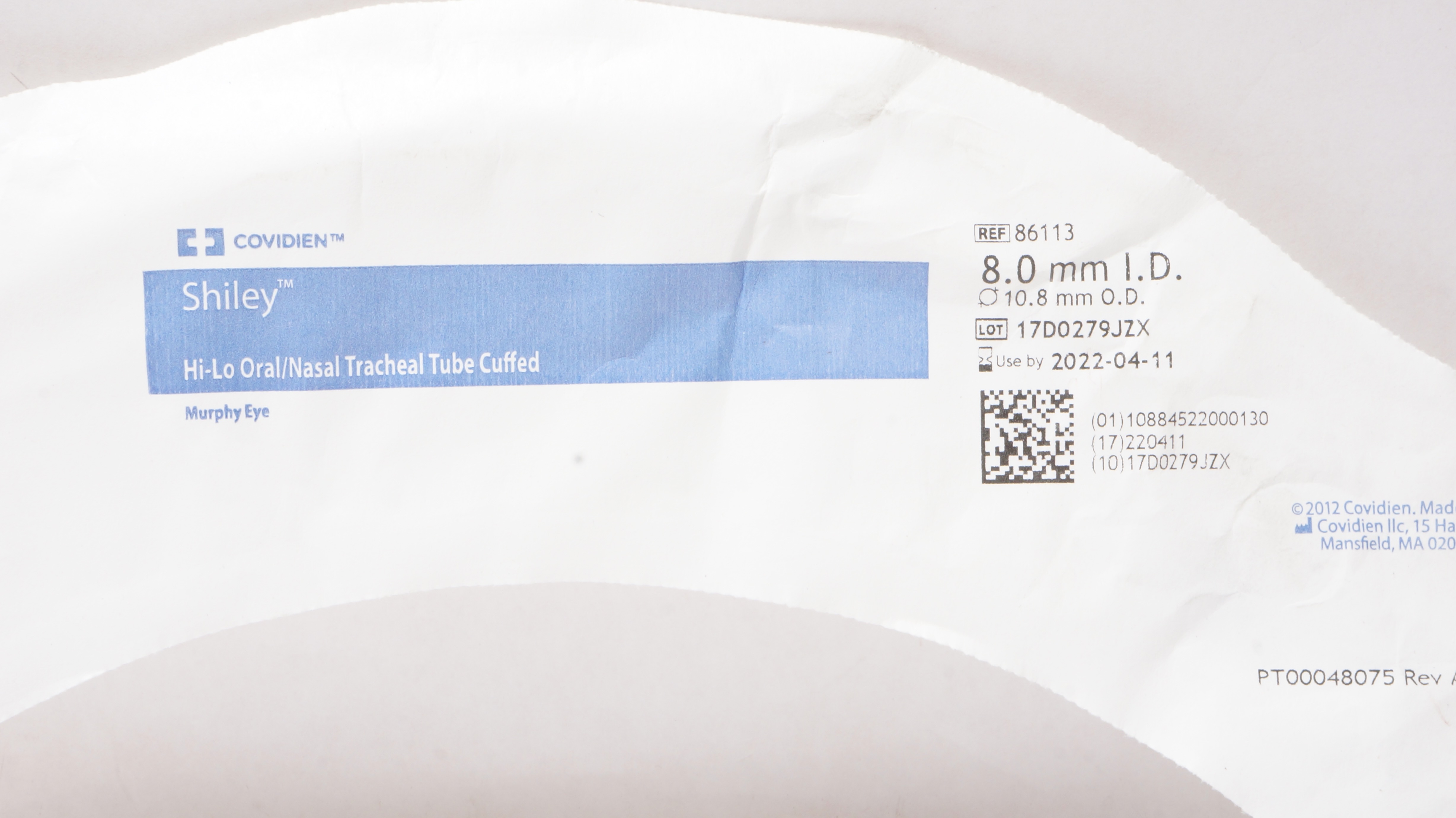 Covidien 86113 Shiley Hi-Lo Oral/Nasal Tracheal Tube Cuffed 8.0ID x 10.8mm OD(x)