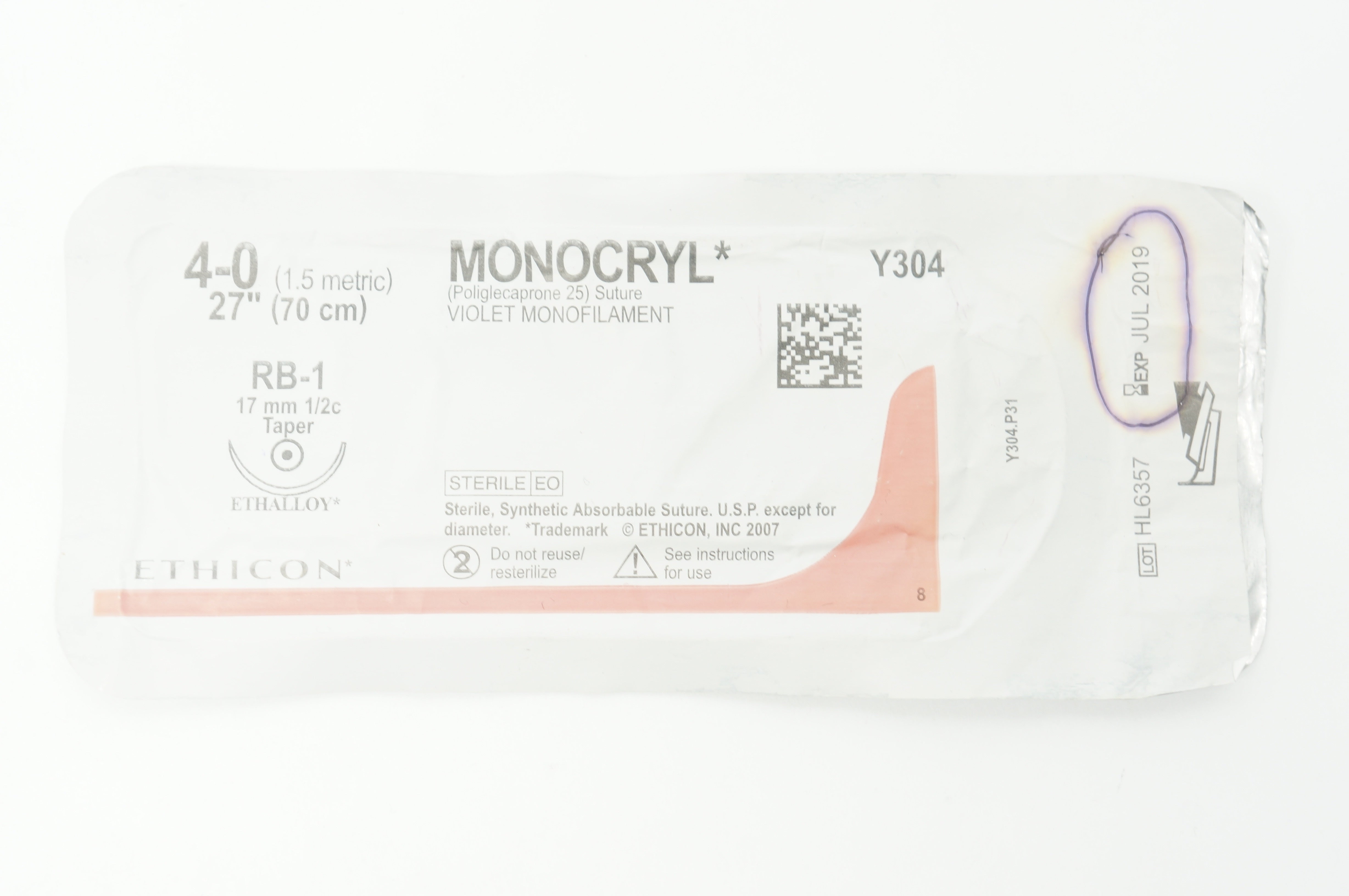 Ethicon Y304 4-0 MONOCRYL Violet Monofilament PB-1 17mm 1/2c Taper, 27inch (x)