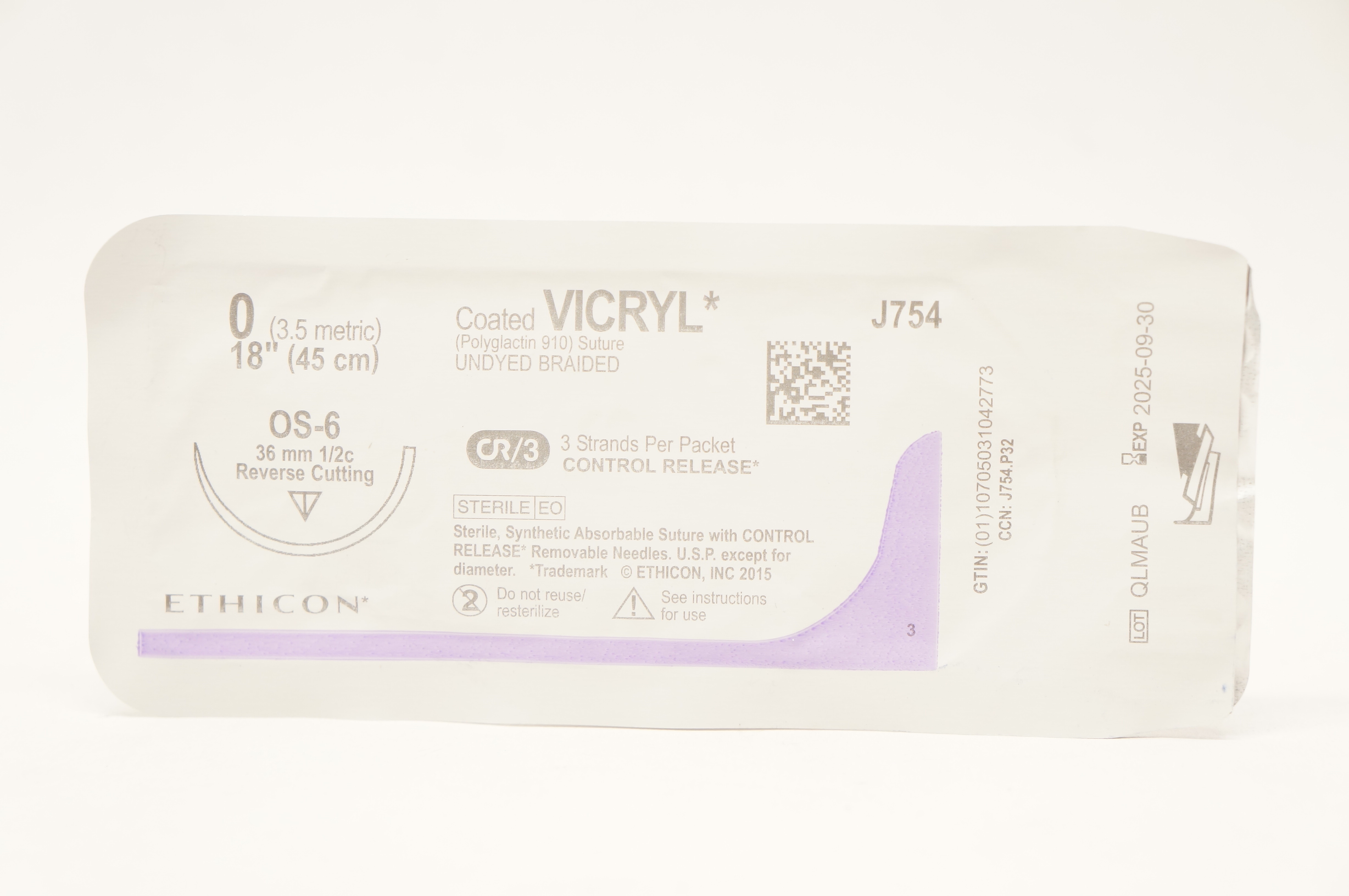 Ethicon J754 0 Coated VICRYL Stre, OS-6 36mm 1/2c Reverse Cutting, 18inch