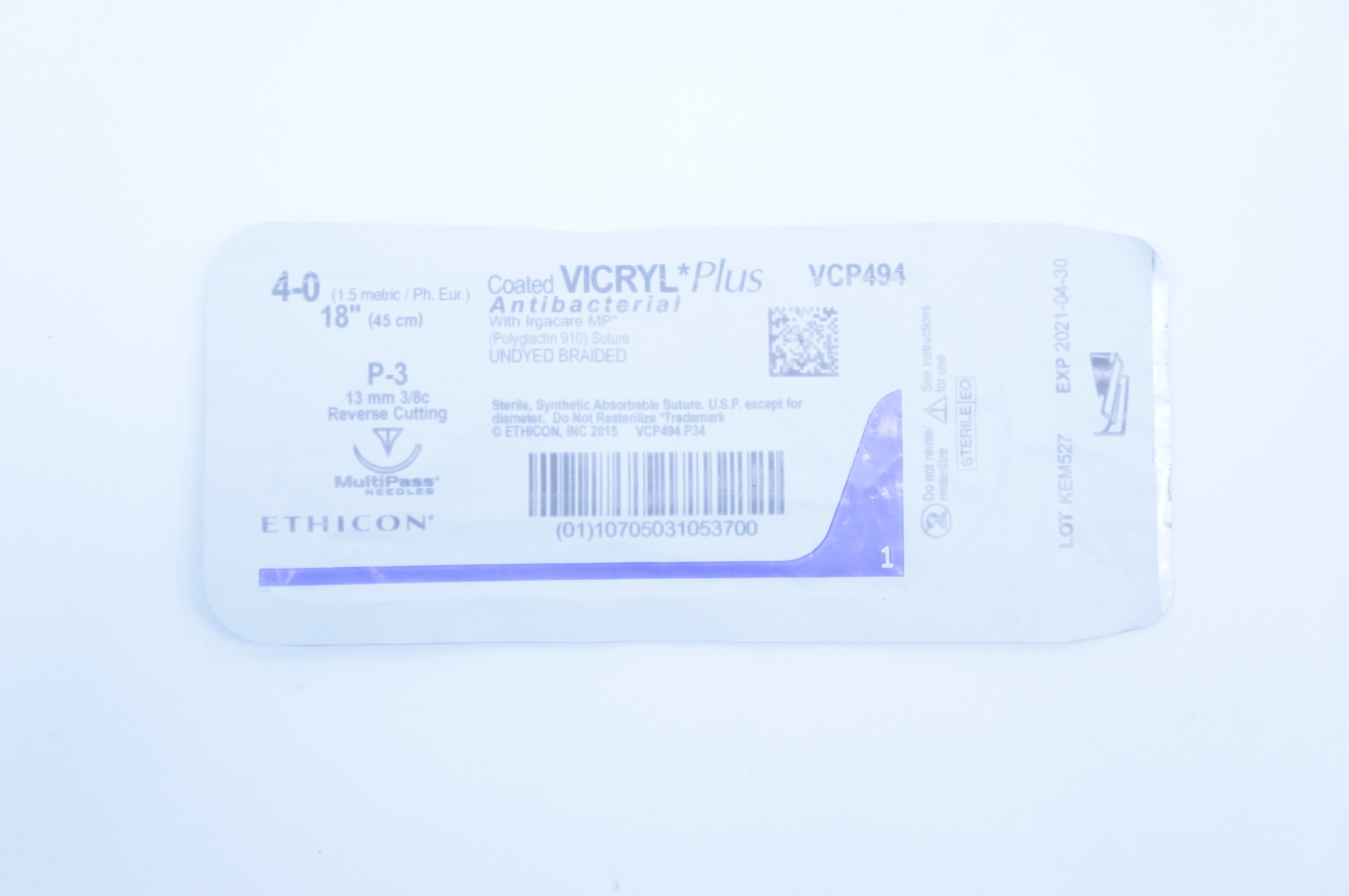 Ethicon VCP494 4-0 Vicryl, Undyed Braided 18inch, P-3