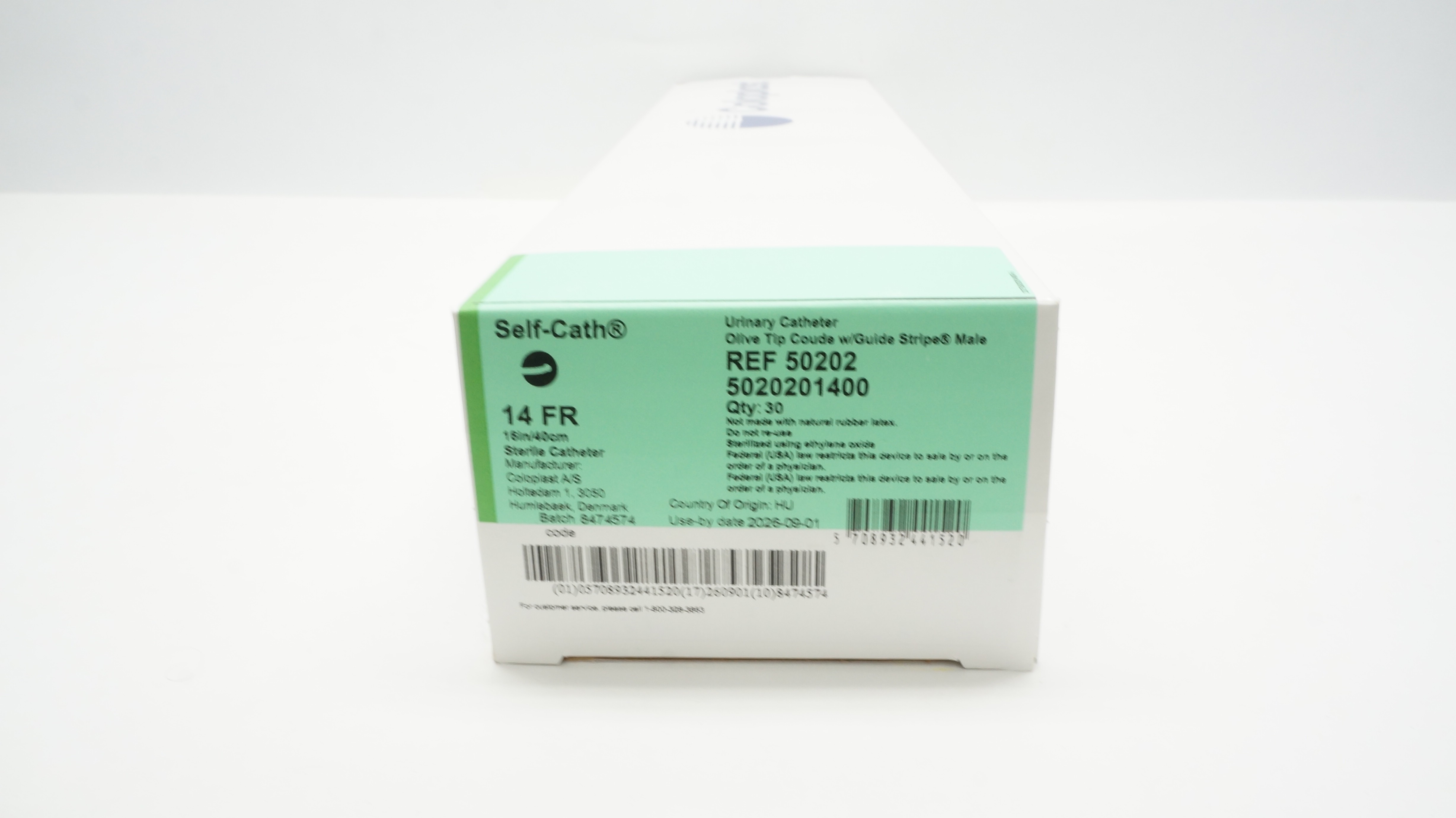 Coloplast 50202 Urinary Cath. Olive Tip Coude W/Guide Stripe Male 14Fr-Box of 30