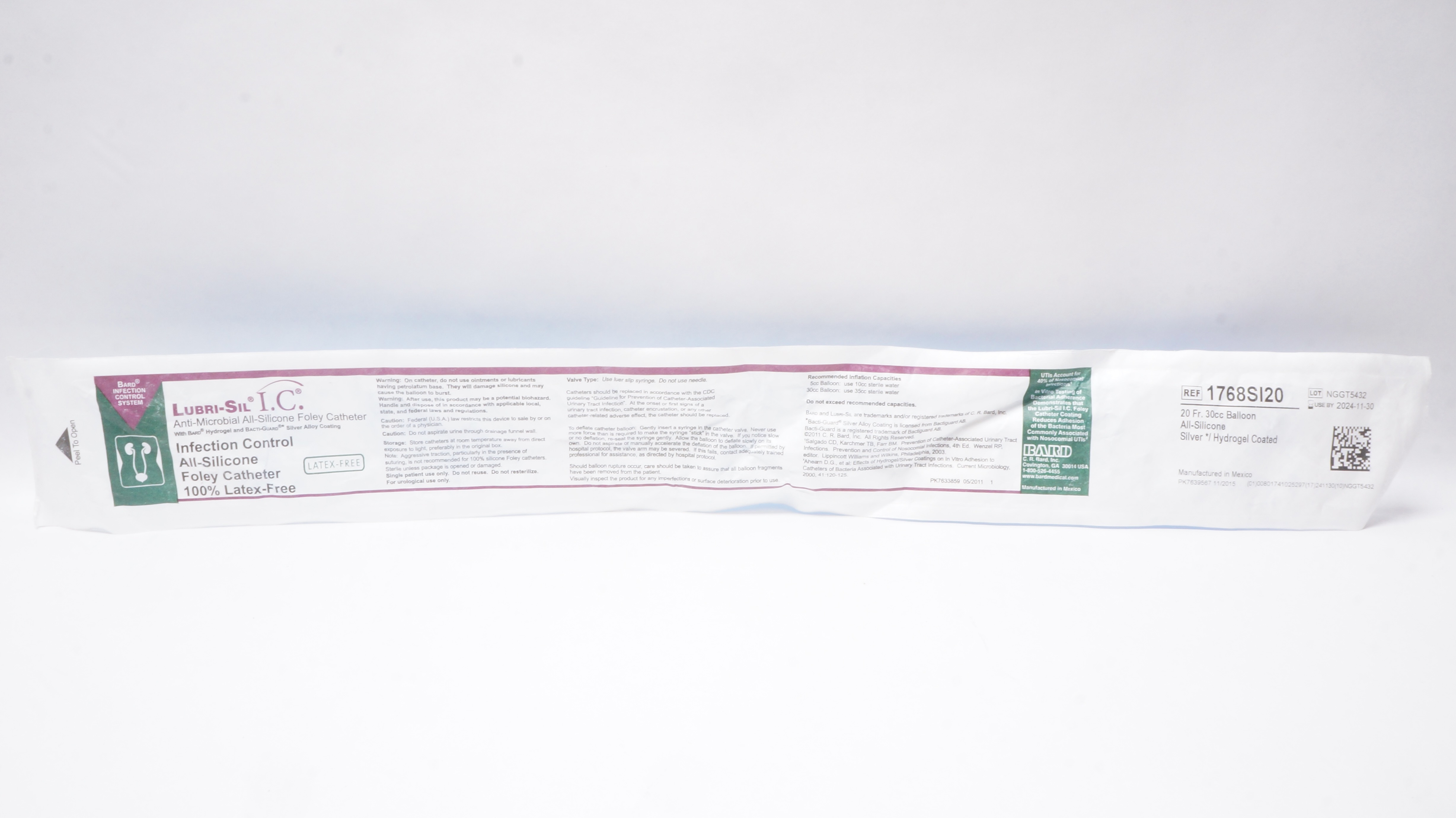 Bard 1768SI20 Lubri-Sil I.C. Anti-Microbial Foley Cath. 20Fr. 30cc Balloon