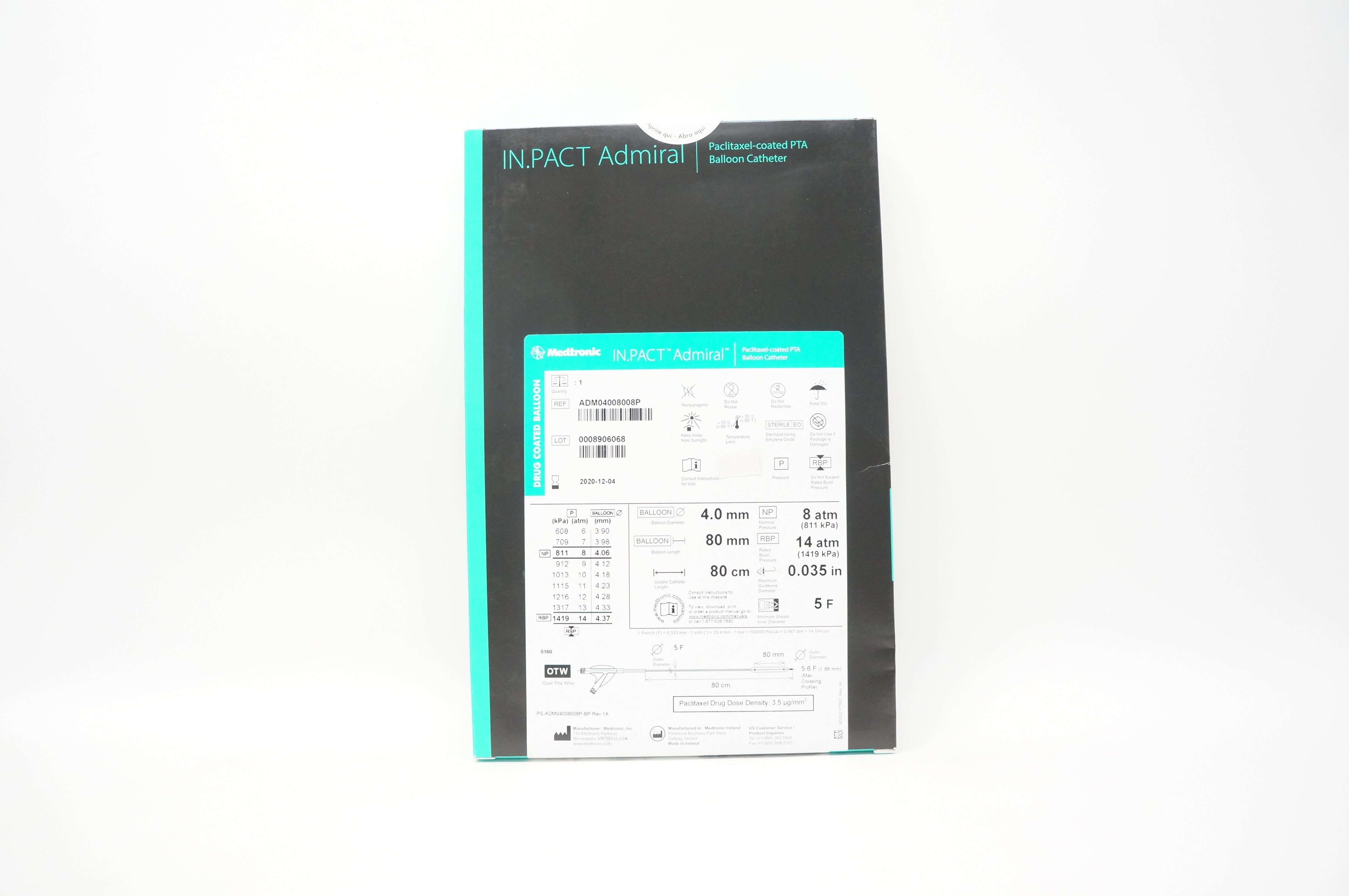 Medtronic ADM04008008P IN.PACT Admiral PTA Cath. 4.0 x80mm x 80cm x 0.035inch(x)