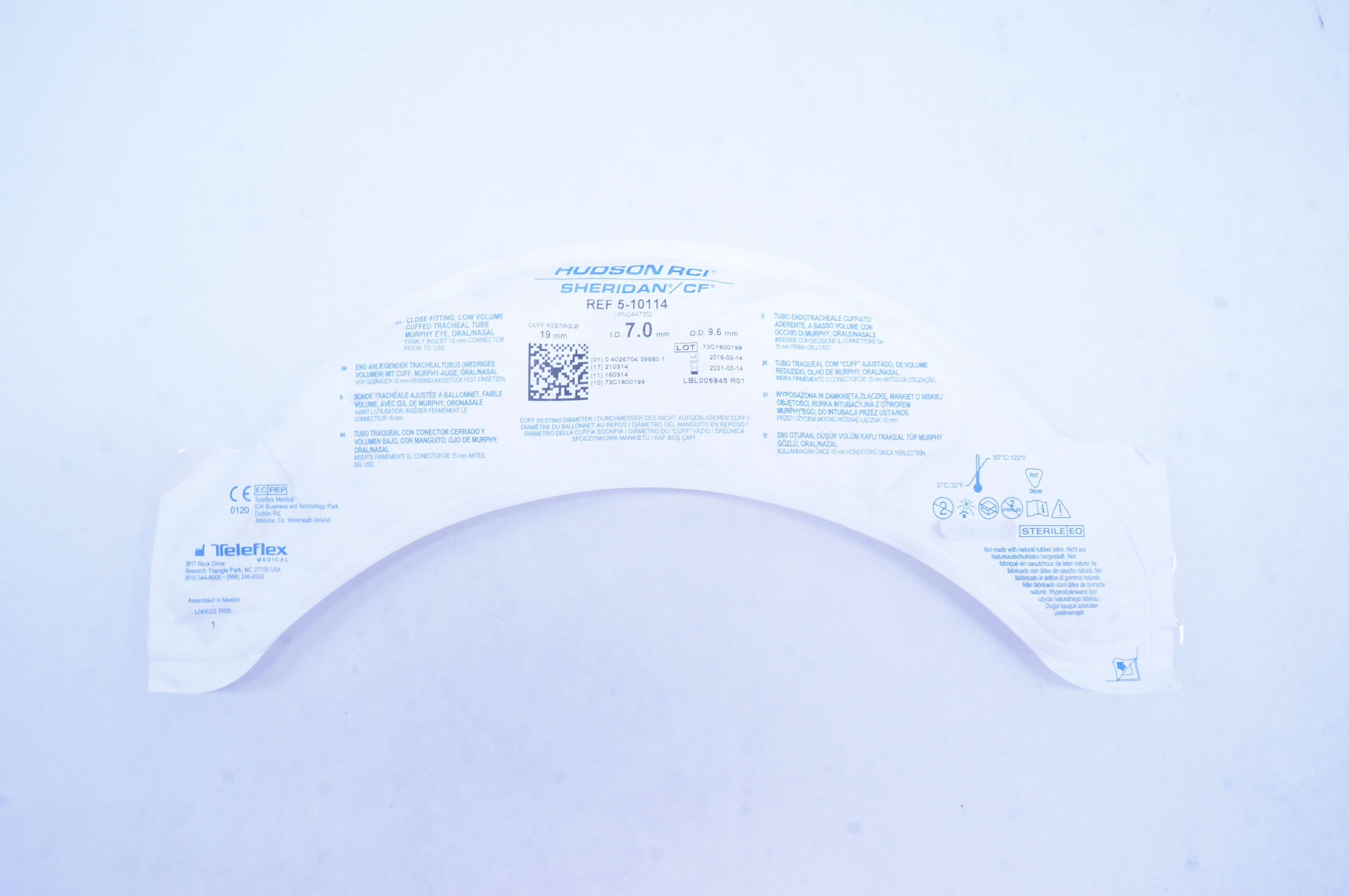 Teleflex 5-10114 Hudson RCI Sheridan HVT Cuffed Tracheal Tube 7.0 x 9.6 x 19mm