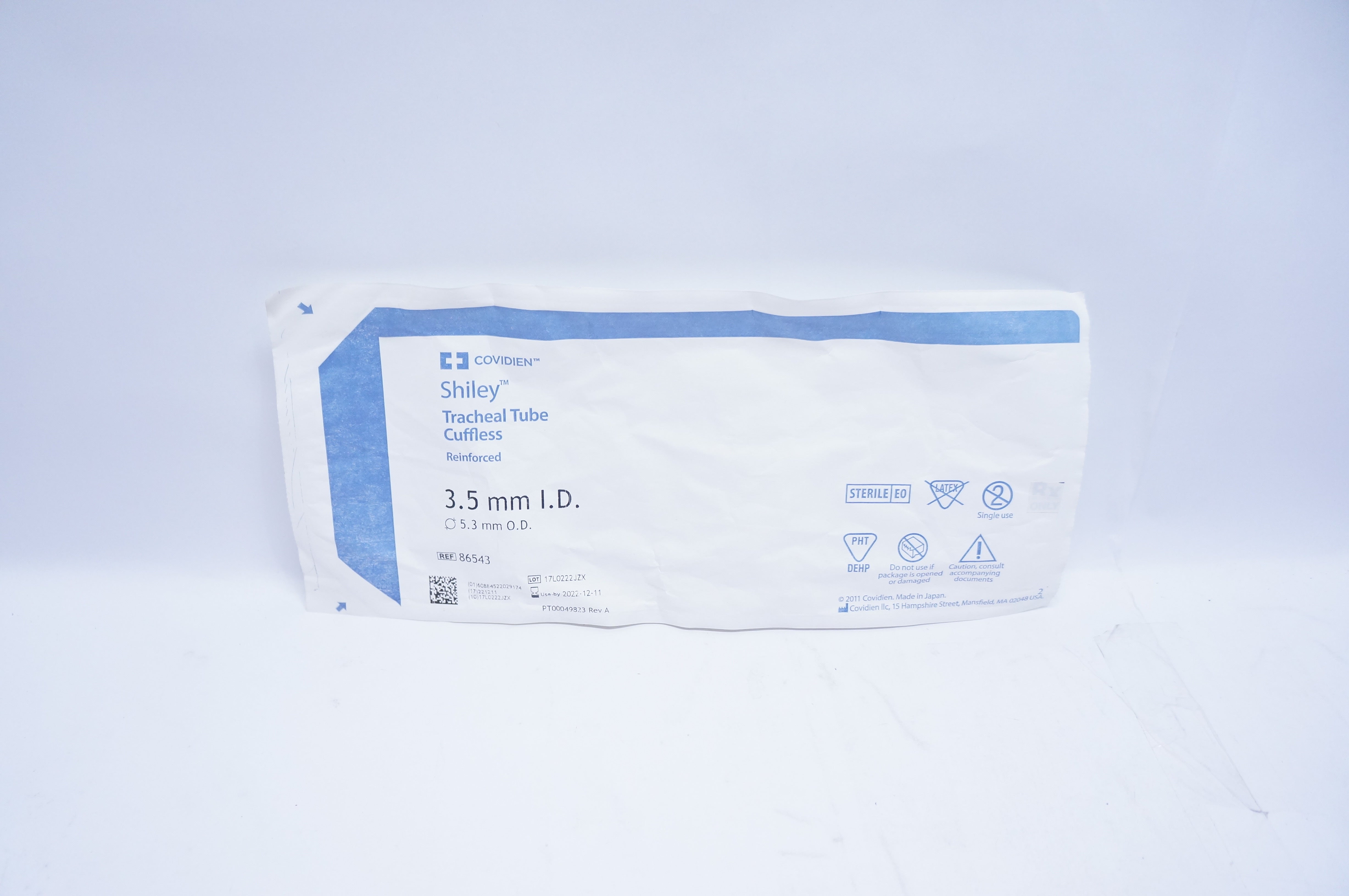 Covidien 86543 Shiley Tracheal Tube Cuffless Reinforced 3.5 mm ID x 5.3 mm OD