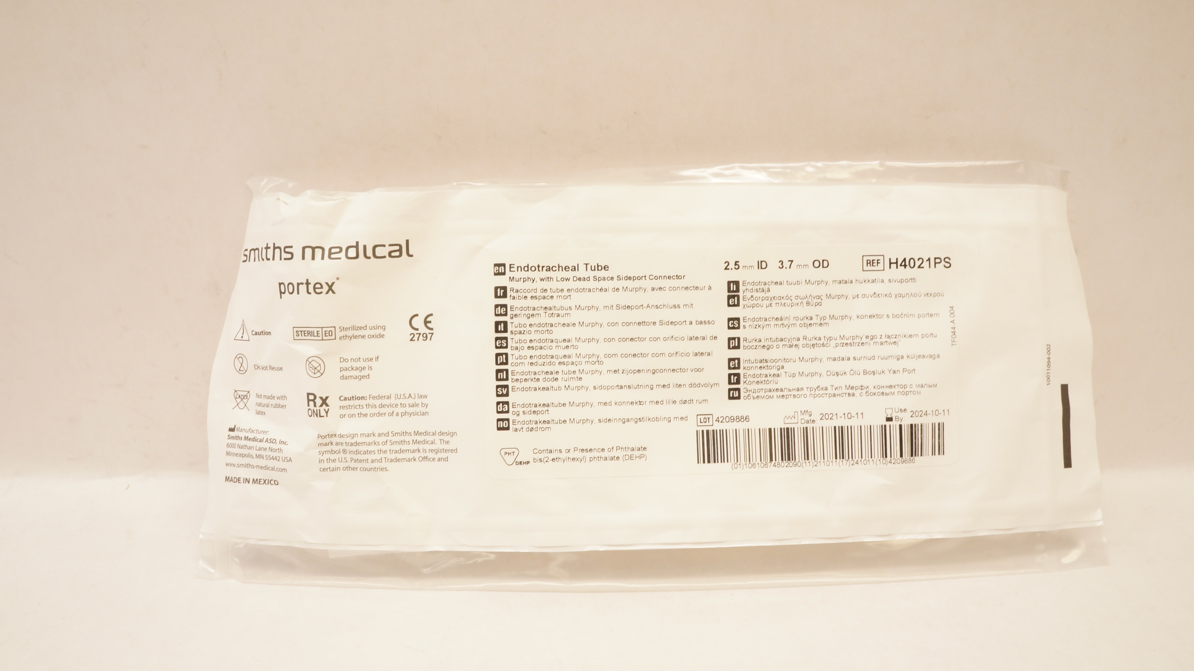 Smiths Medical H4021PS Portex Endotracheal Tube 2.5mm ID x 3.7mm OD