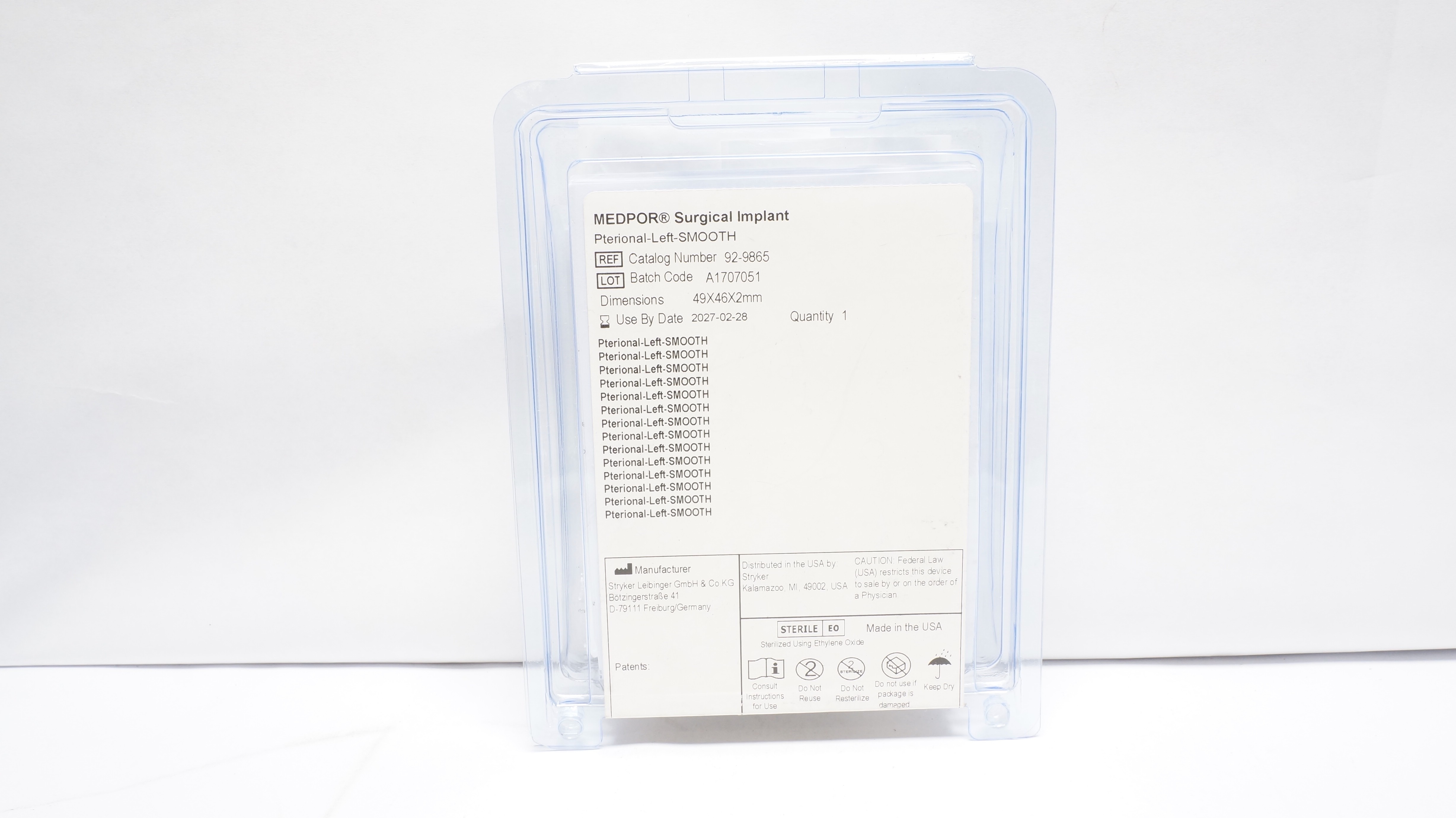 Stryker 92-9865 Medpor Surgical Implant Pterional Left Smooth 49x46x2mm