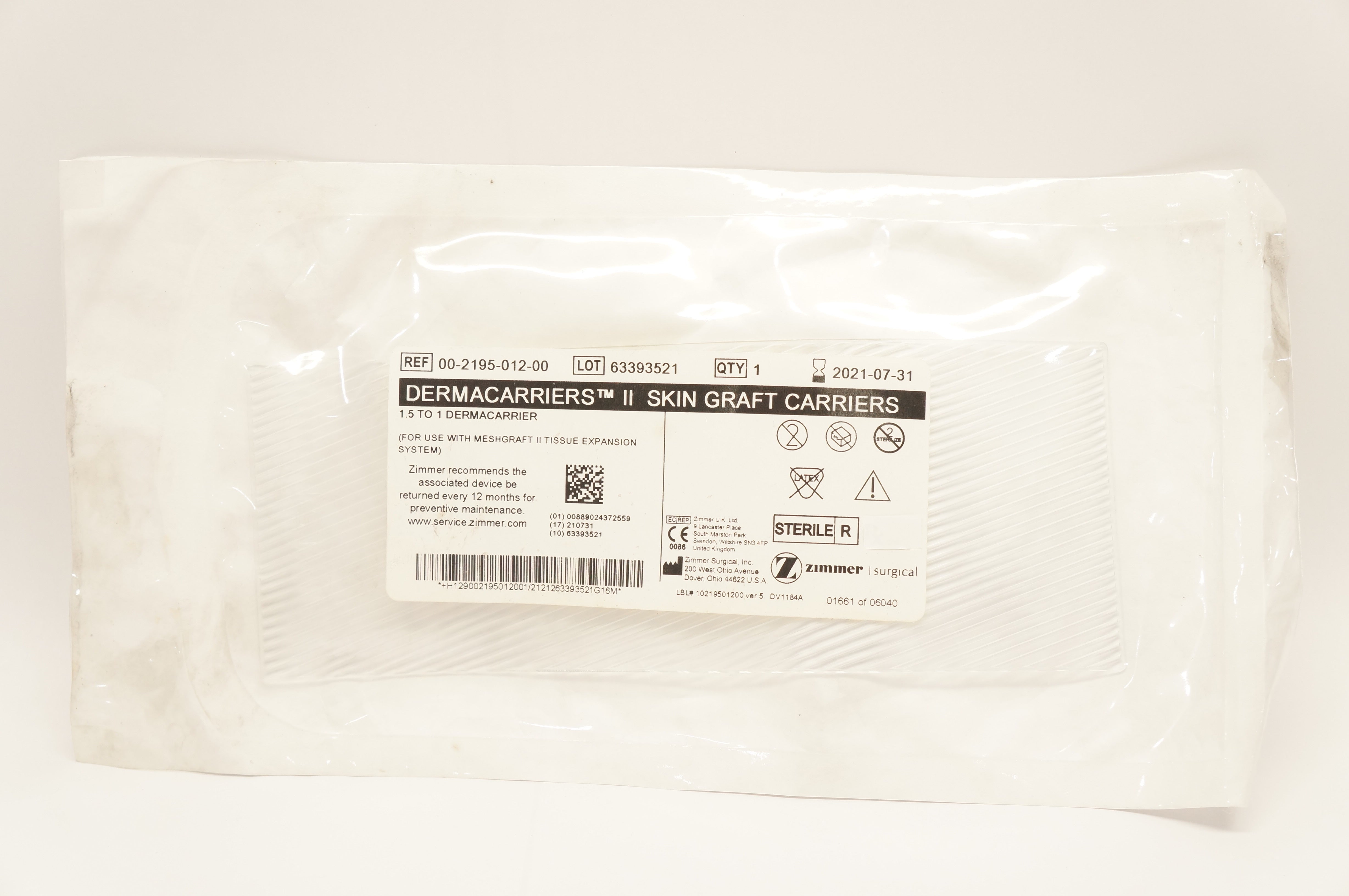 Zimmer 00-2195-012-00 Dermacarriers II Skin Graft Carriers 1.5 to 1 Dermacarrier (x)