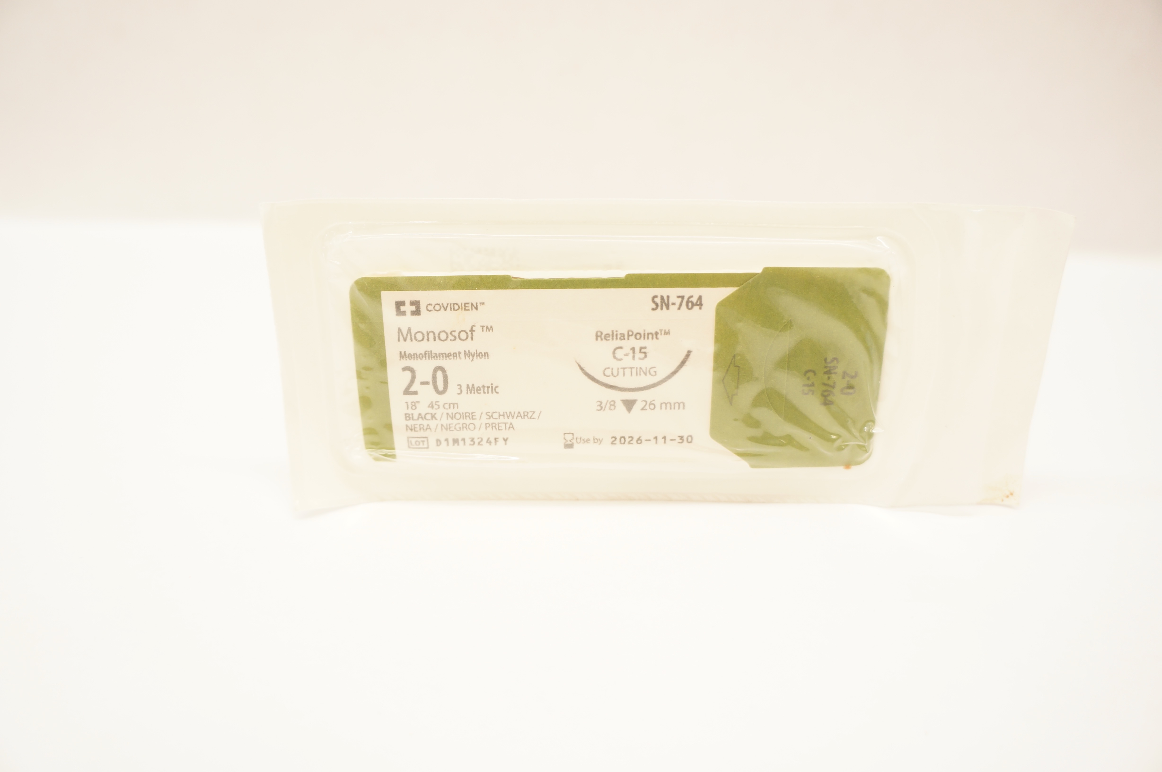 Covidien SN-764 2-0 Monosof Monofilament Nylon Stre C-15 Cutting3/8c 26mm 18inch