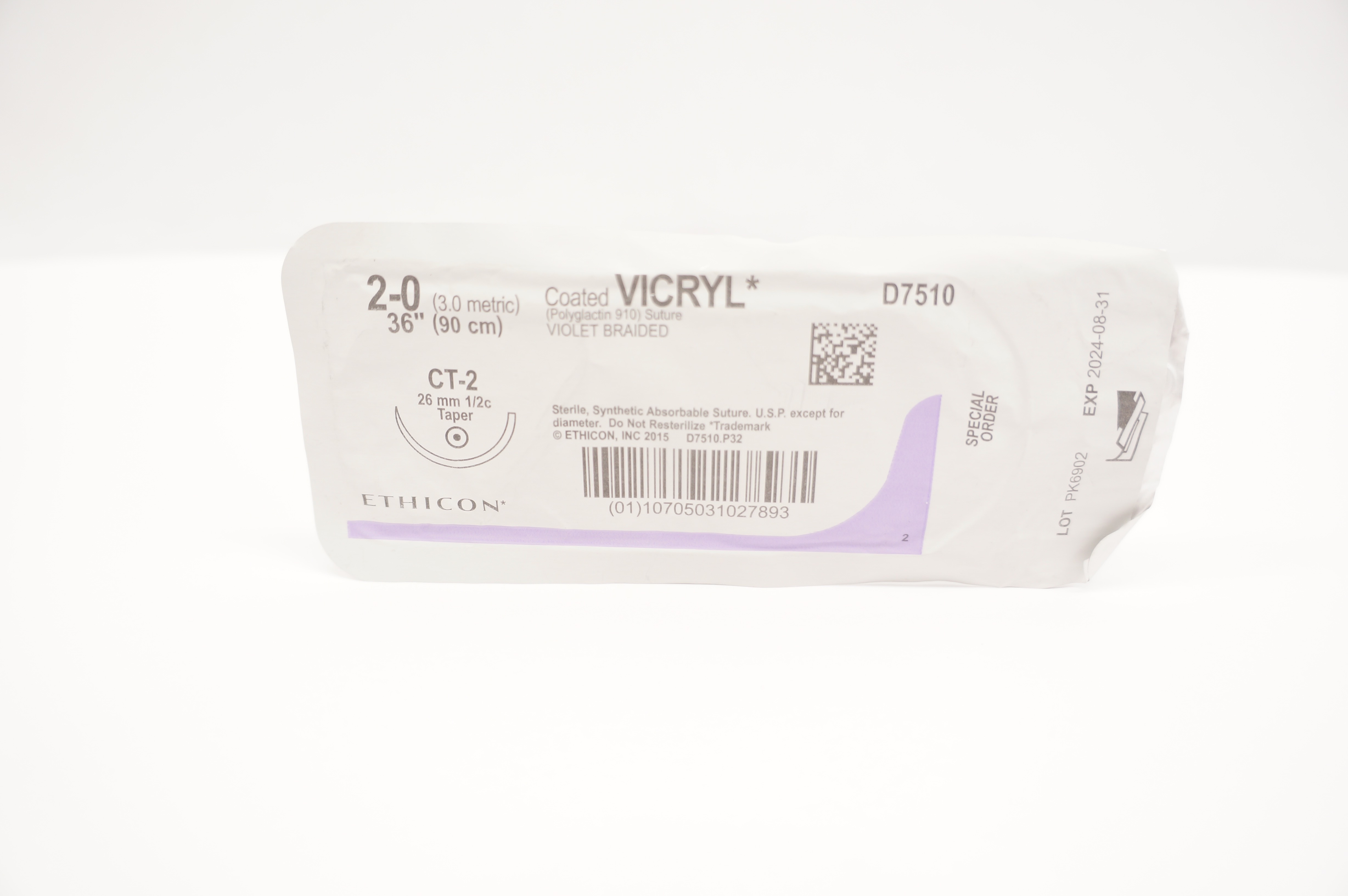 Ethicon D7510 2-0 Coated Vicryl Violet Braided CT-2 26mm 1/2c Taper 36inch