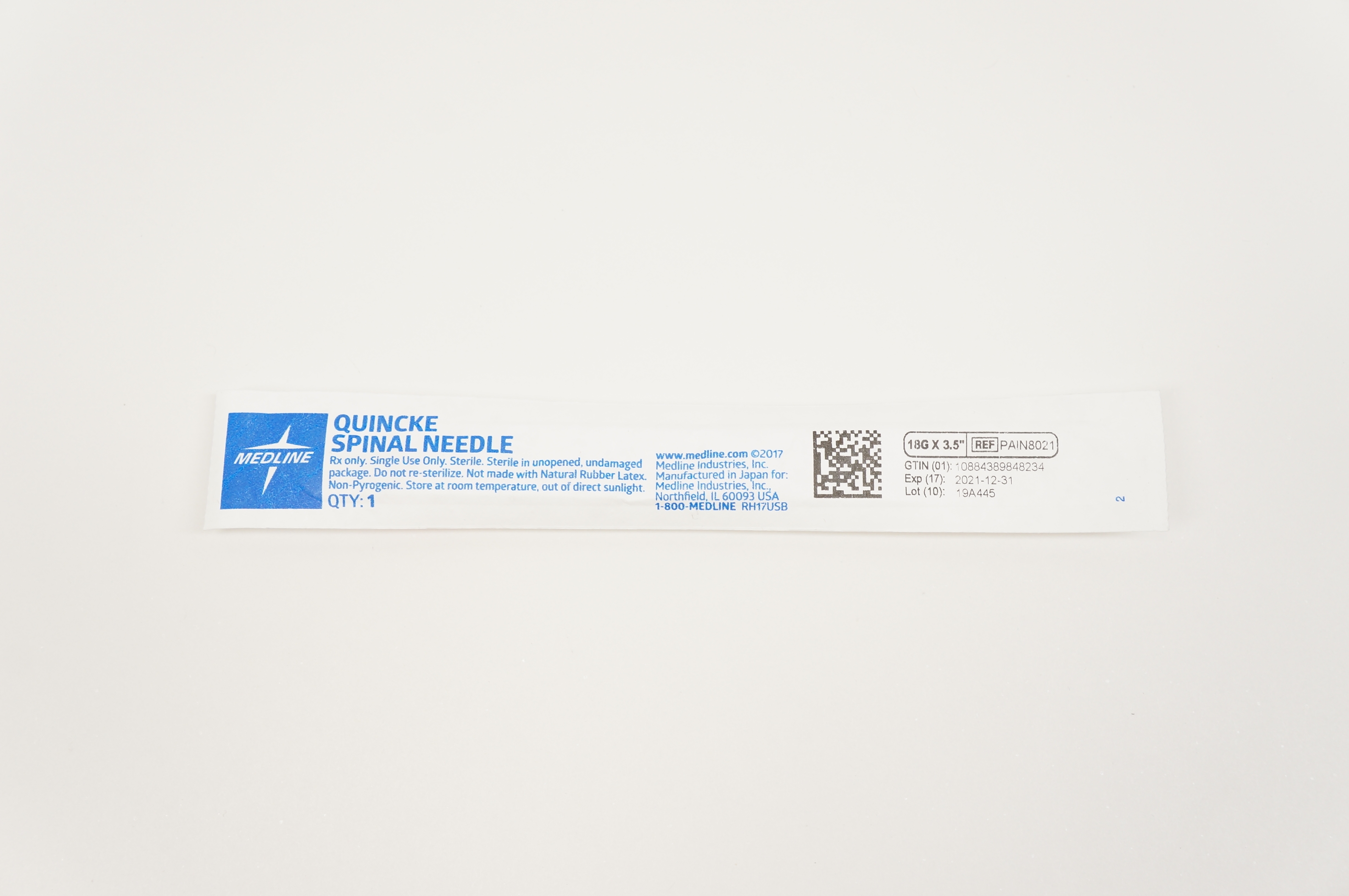Medline PAIN8021 Quincke Spinal Ndle 18G x 3.5inch