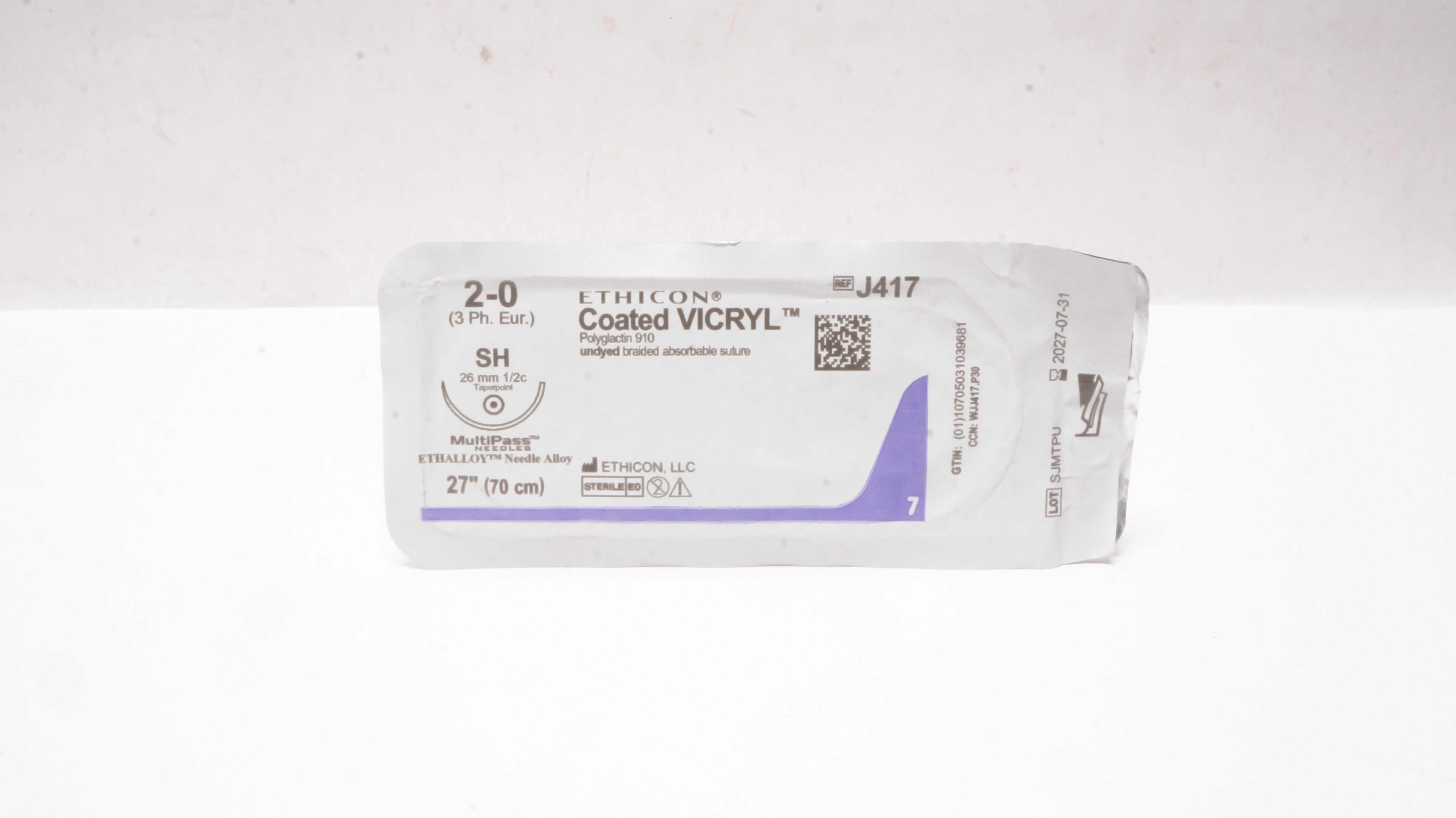 Ethicon J417 2-0 Coated VICRYL SH 26mm 1/2c Taper 27inch