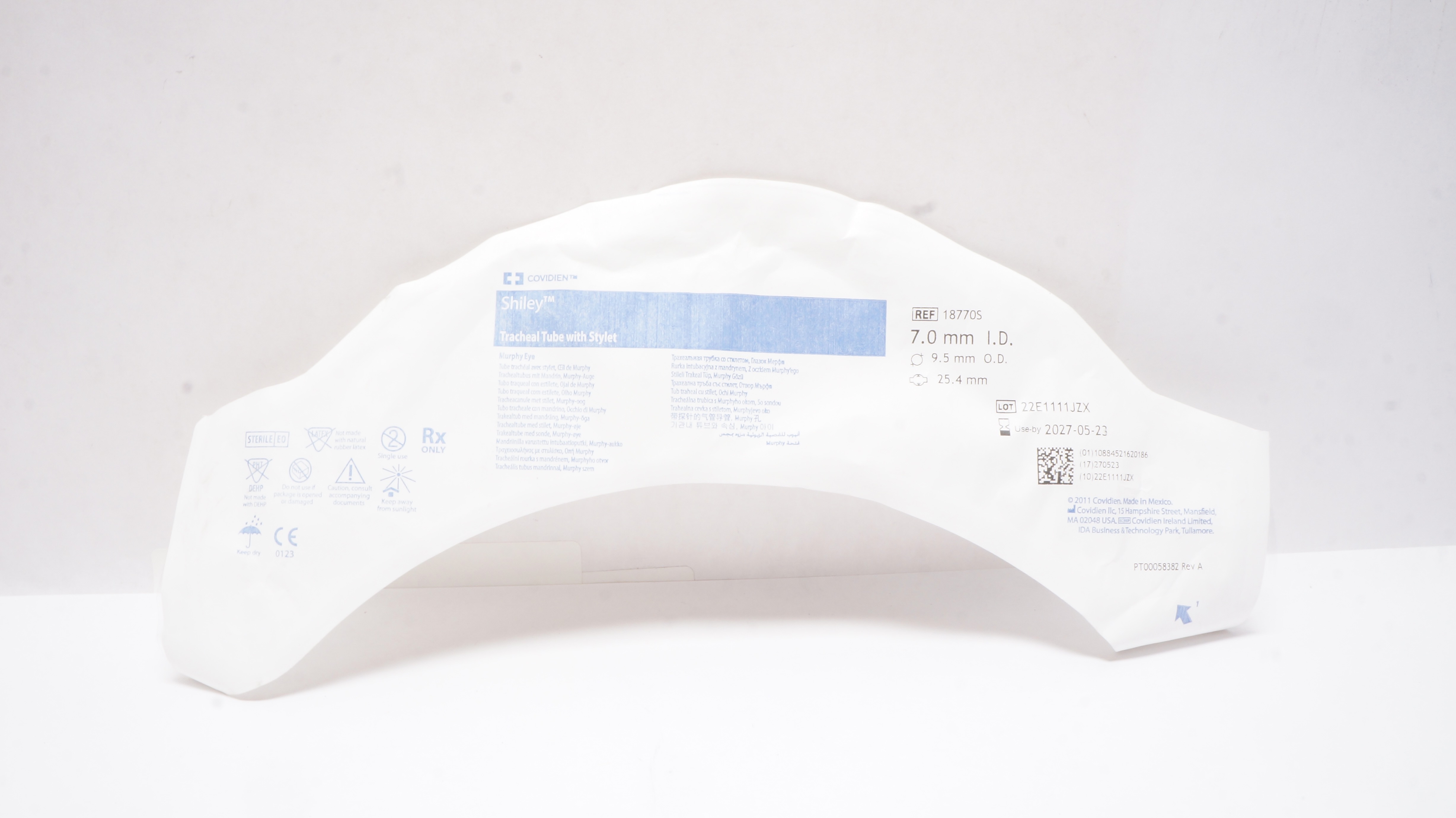 Covidien 18770S Shiley Tracheal Tube with Stylet 7.0mm ID x 9.5mm OD x 25.4mm