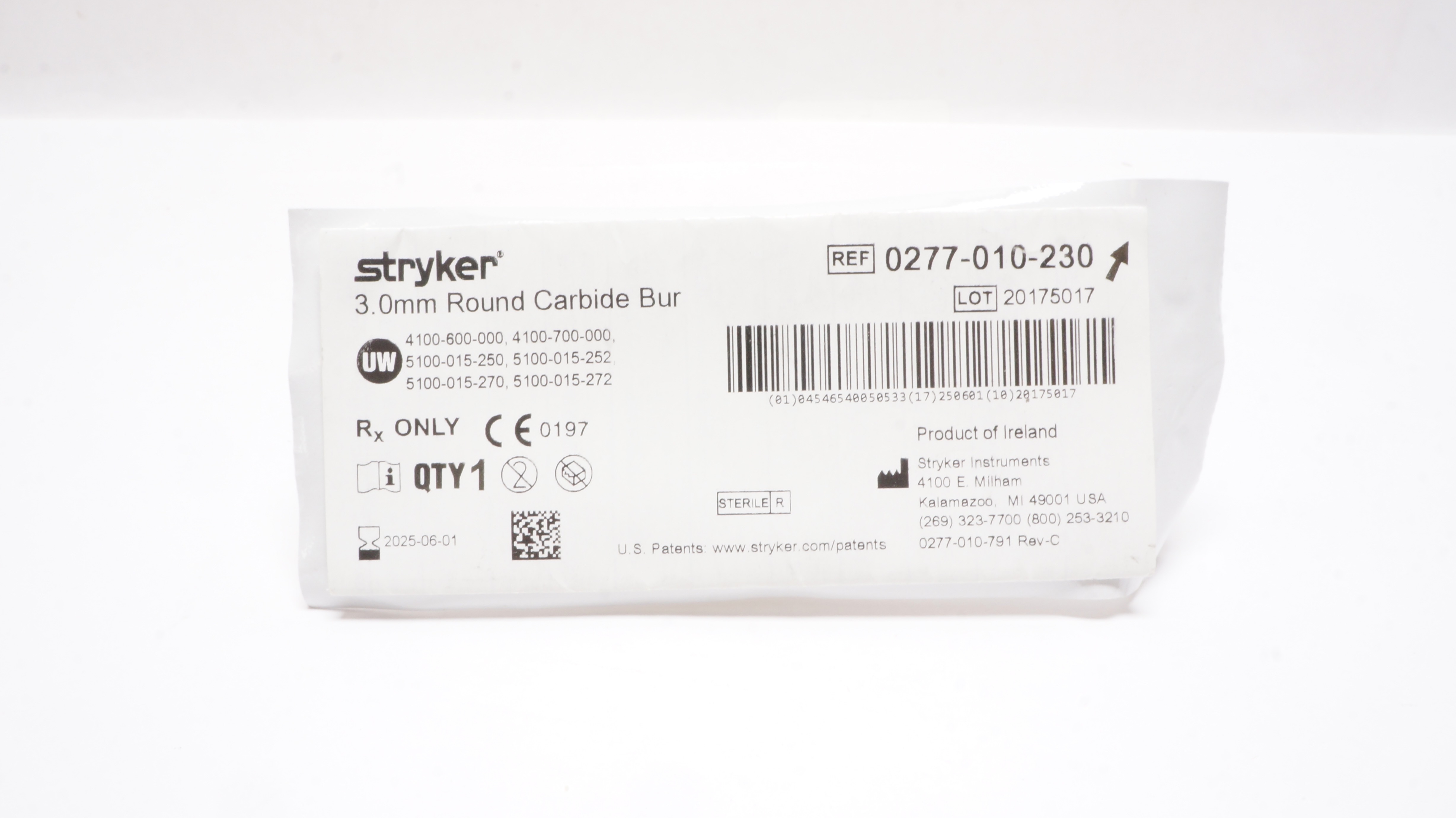 Stryker 0277-010-230 Round Carbide Bur 3.0mm