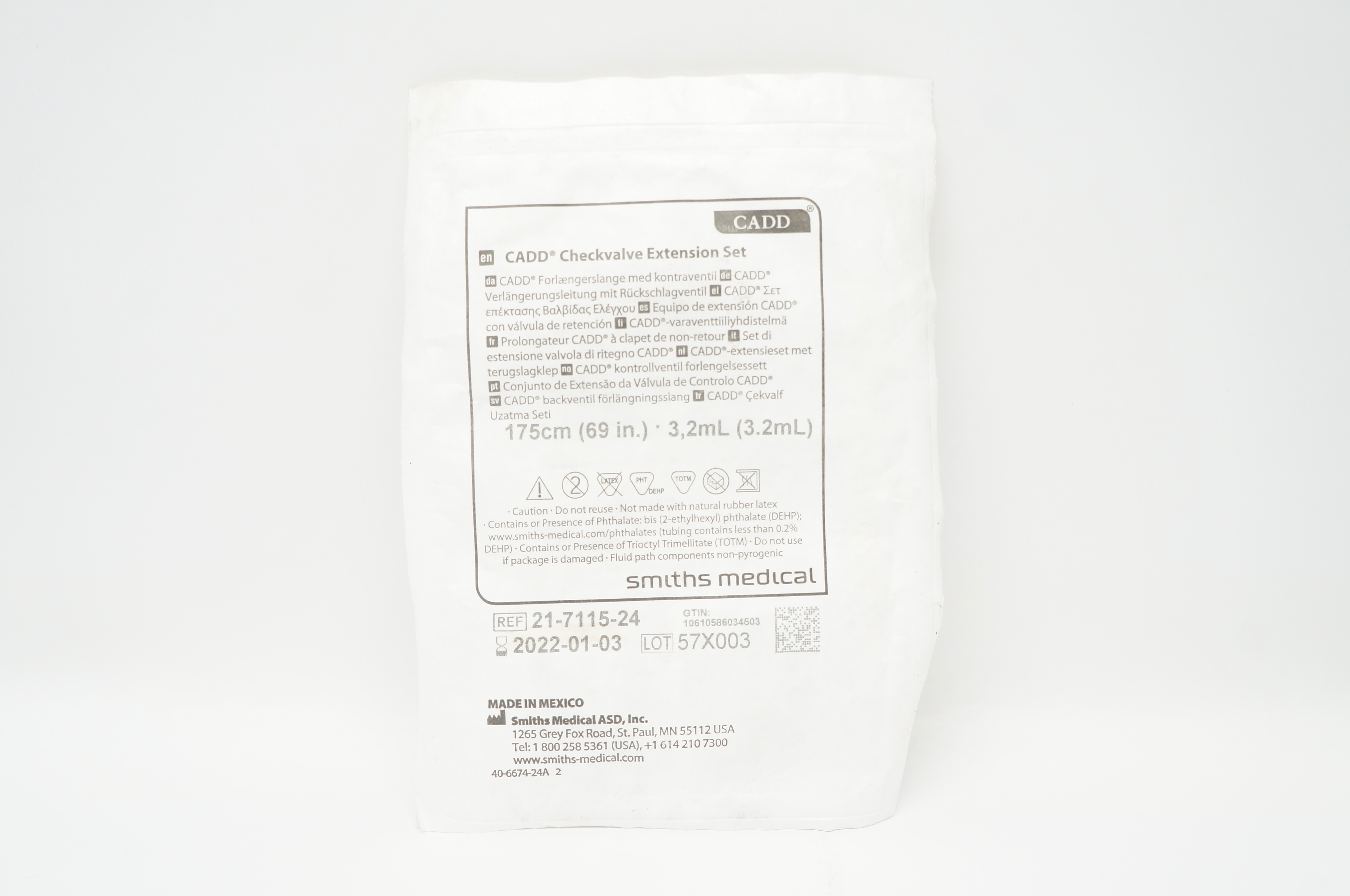 Smiths Medical 21-7115-24 Cadd Checkvalve Extension Set 69inch x 3.2ml (x)