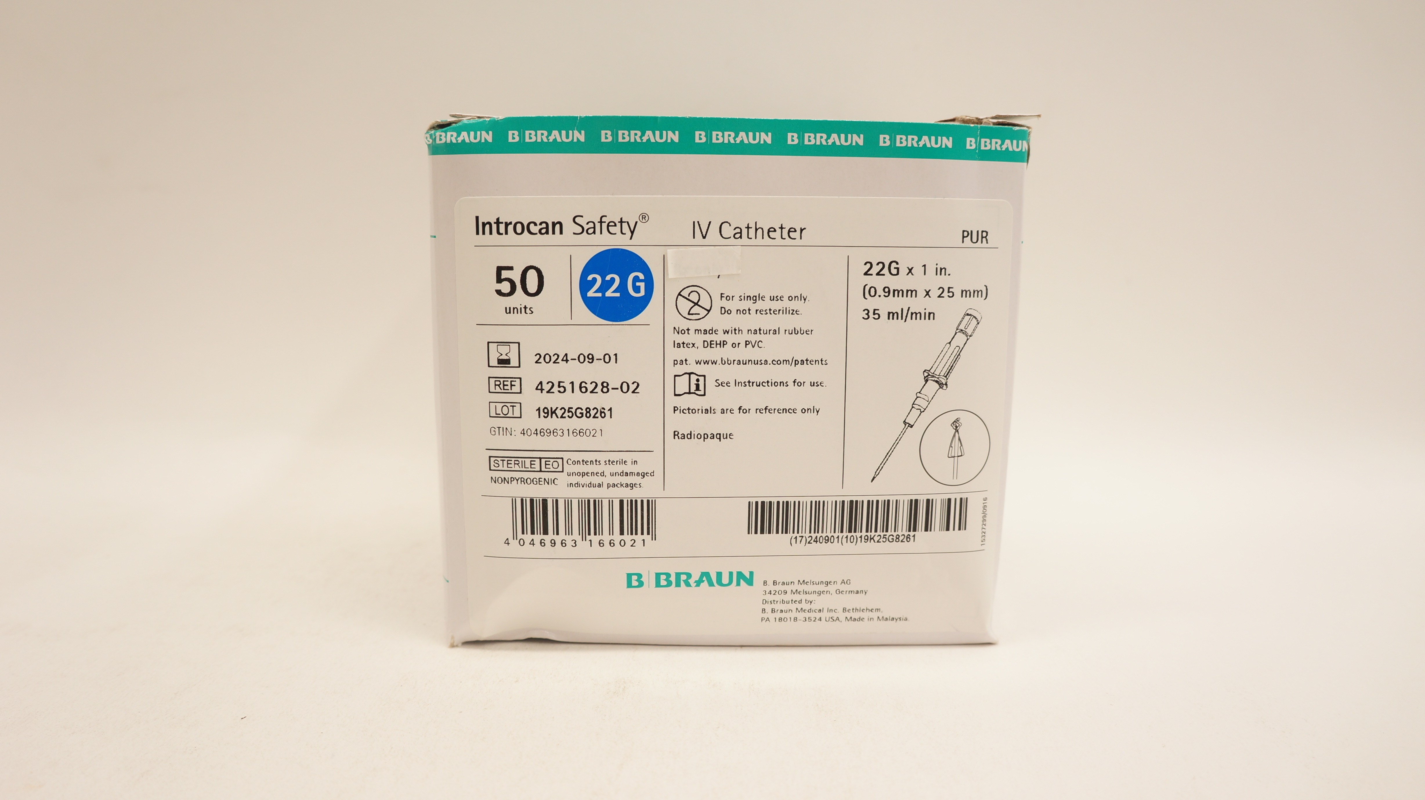 Braun 4251628-02 Introcan Safety 22G x 1inch - Box of 50