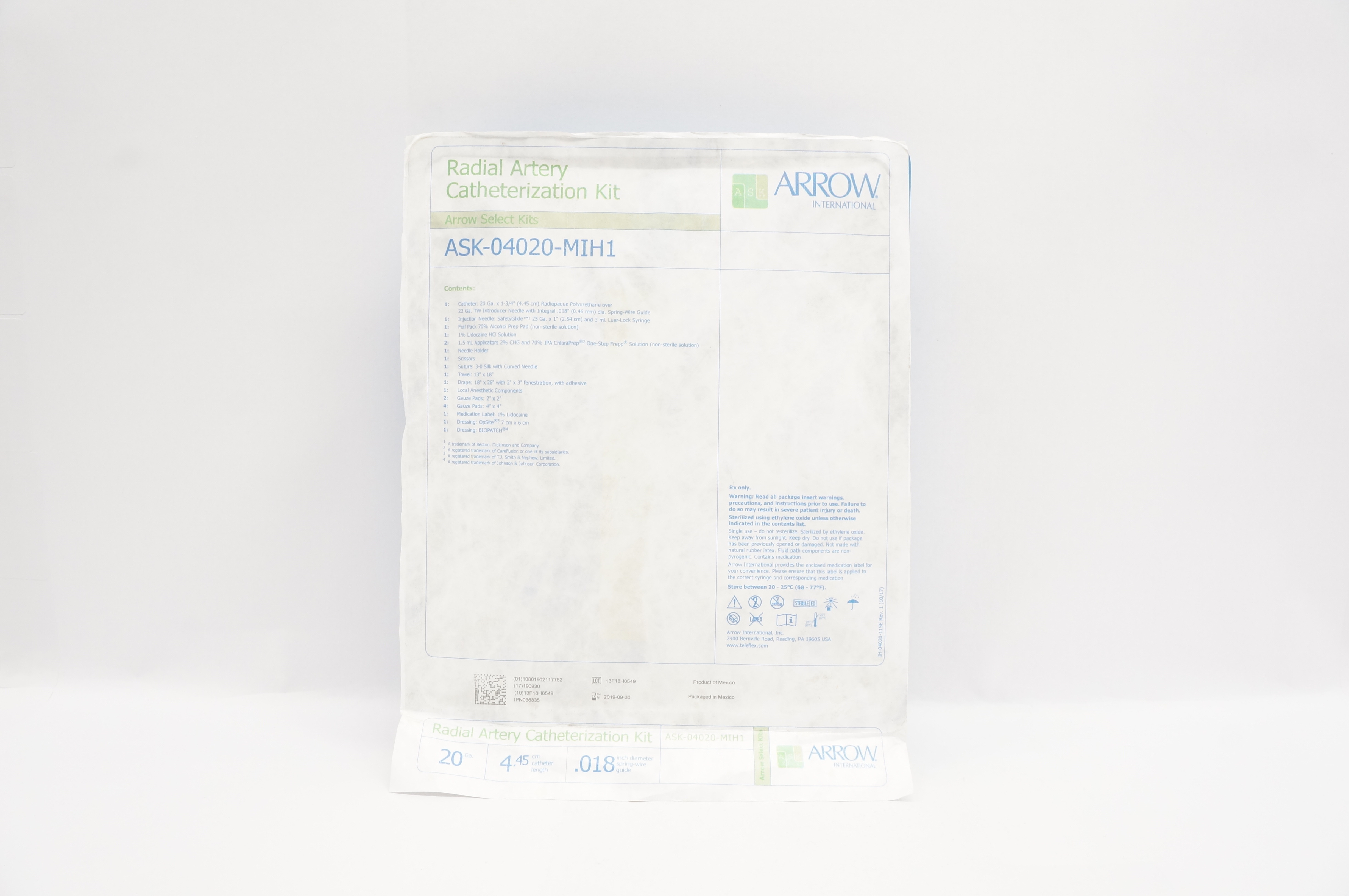 Arrow ASK-04020-MIH1 Radial Artery Catheterization Kit 20Ga x4.45cm x .018in.(x)