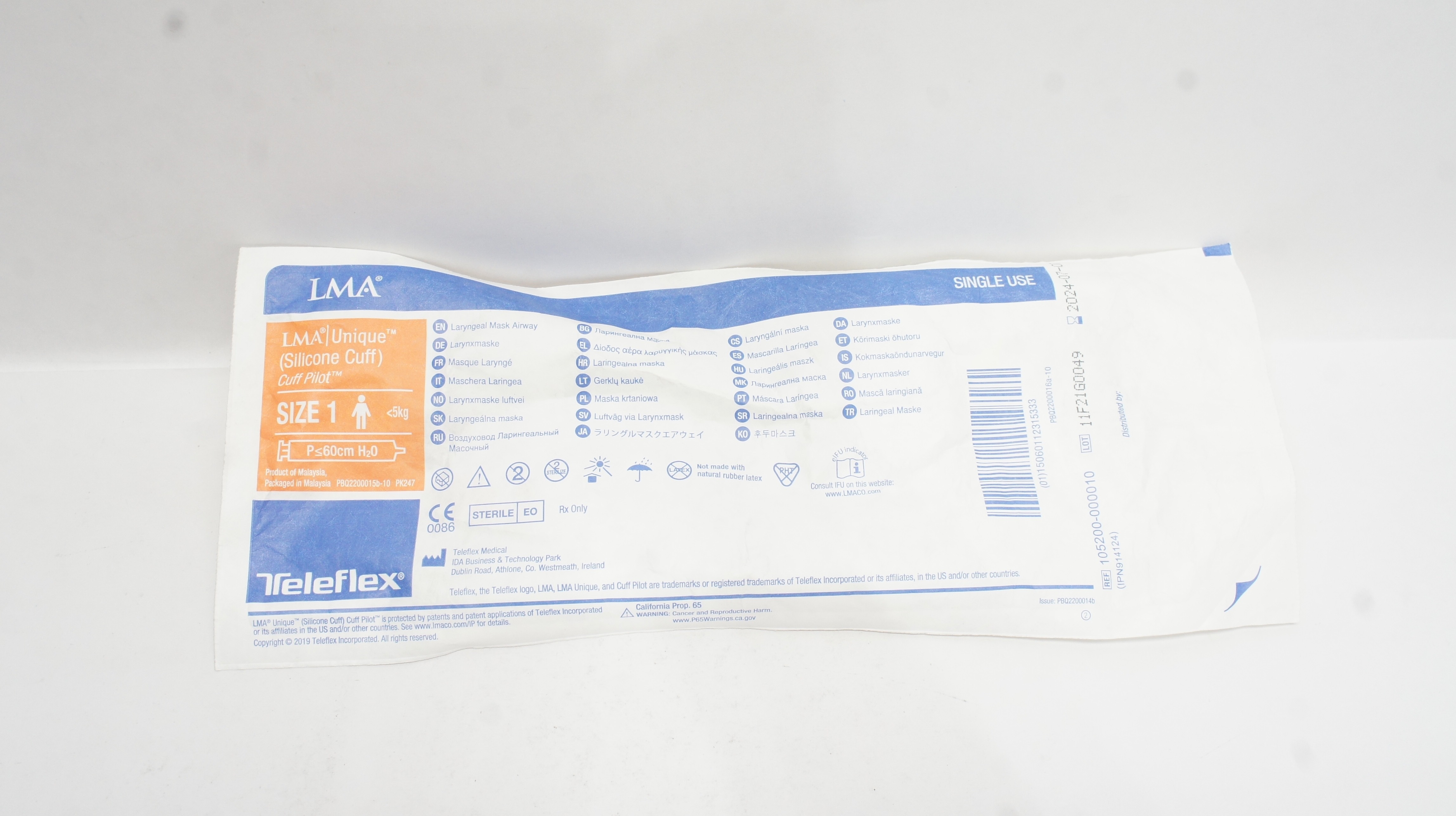 Teleflex 105200-000010 LMA Unique Cuff Pilot Laryngeal Mask Airway, Size 1 <5kg