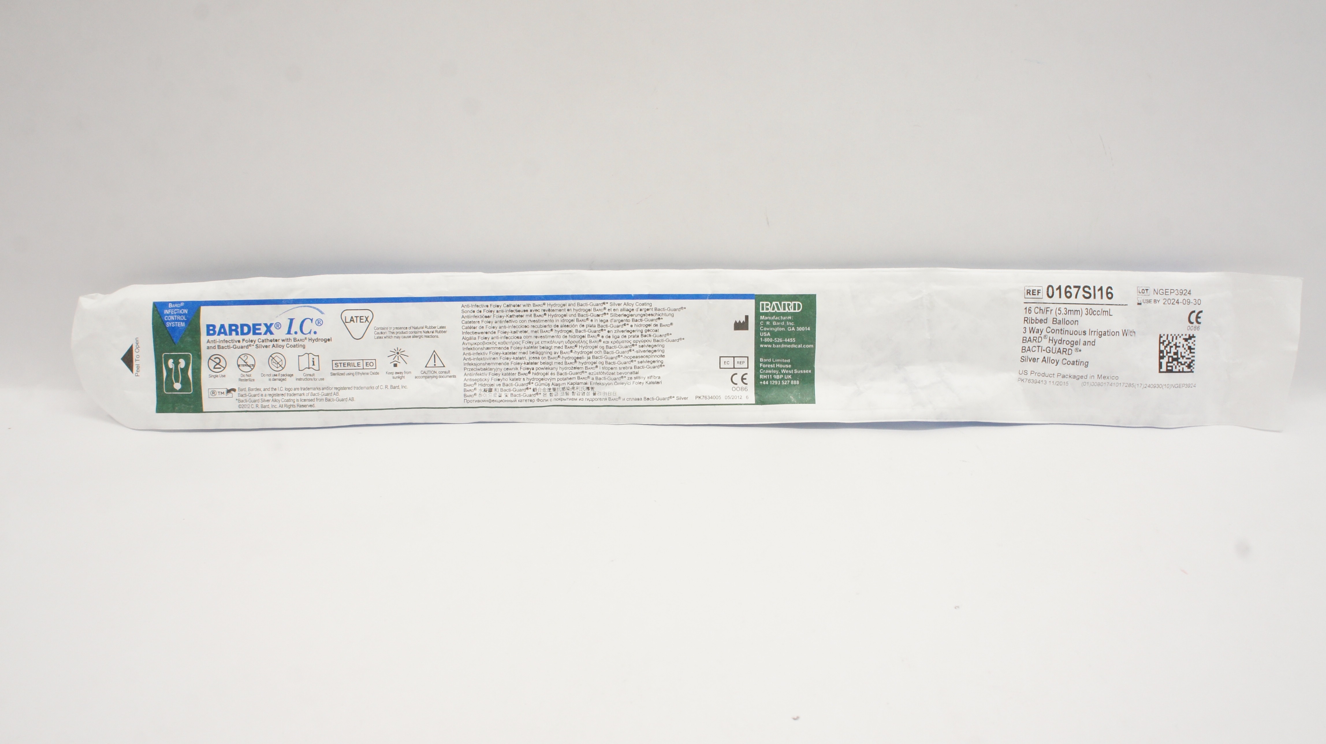 Bard 0167SI16 Bardex IC Anti-Infective Foley Cath.16Ch/Fr 30cc/mL Ribbed Balloon