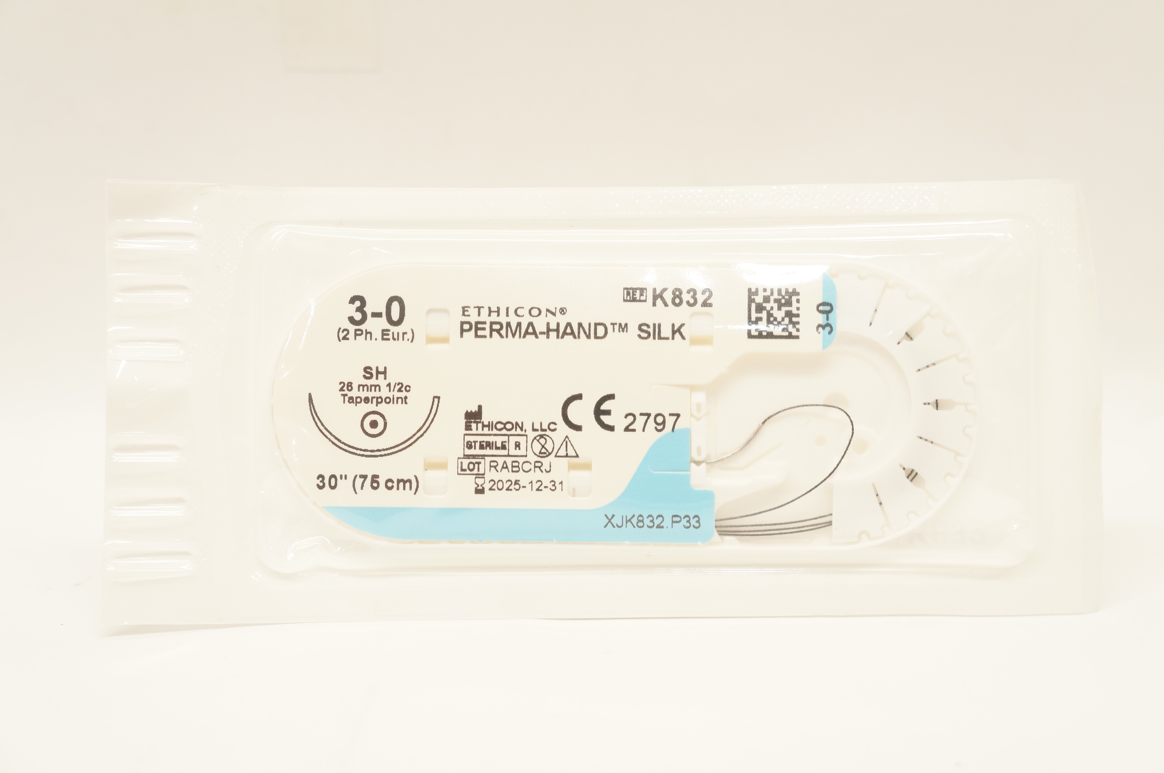 Ethicon K832 3-0 PERMA-HAND SILK Stre SH 26mm 1/2c Taperpoint, 30inch