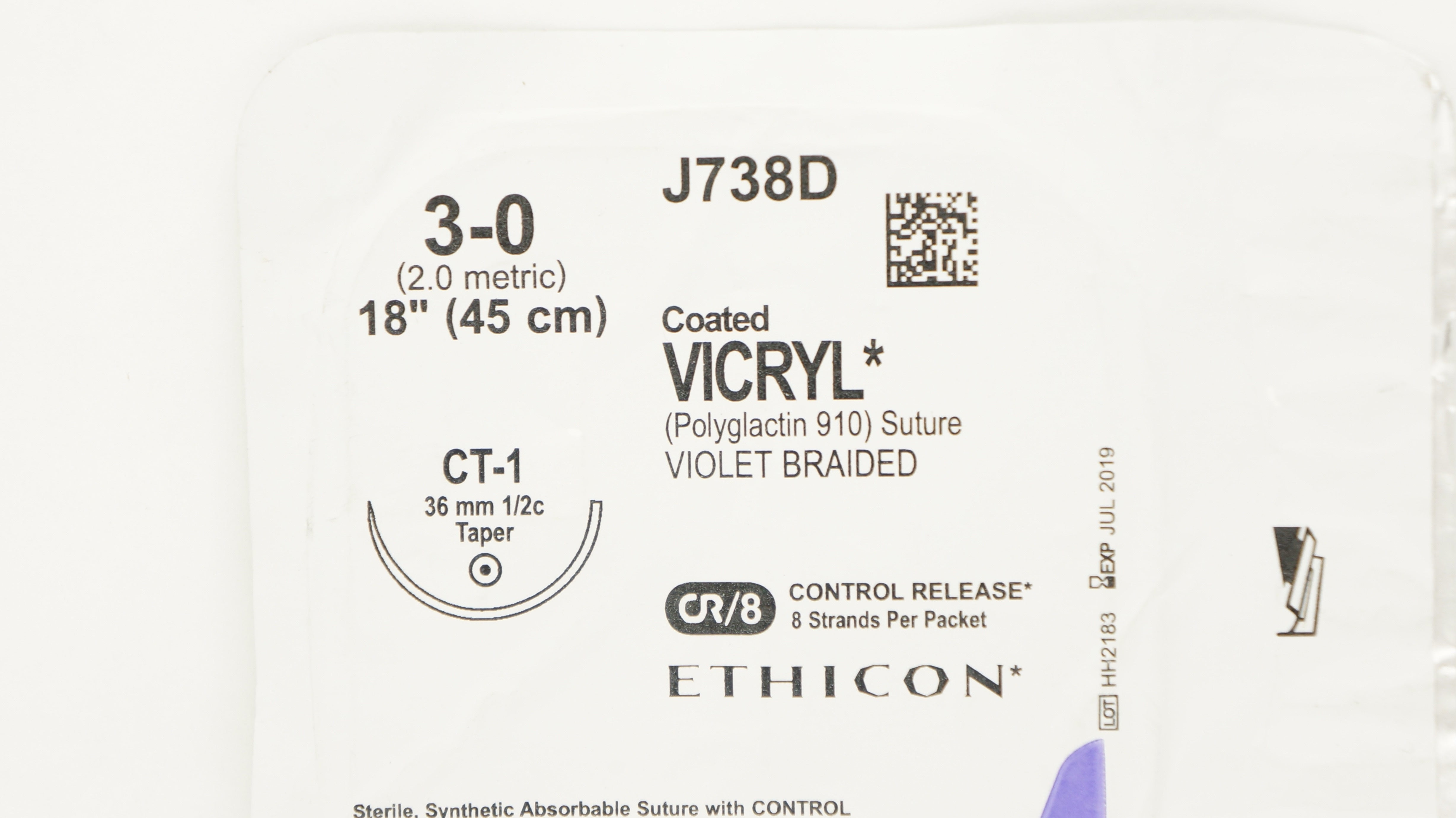 Covidien J738D 3-0 Coated Vicryl Stre CT-1 36mm 1/2c Taper, 18inch (x)