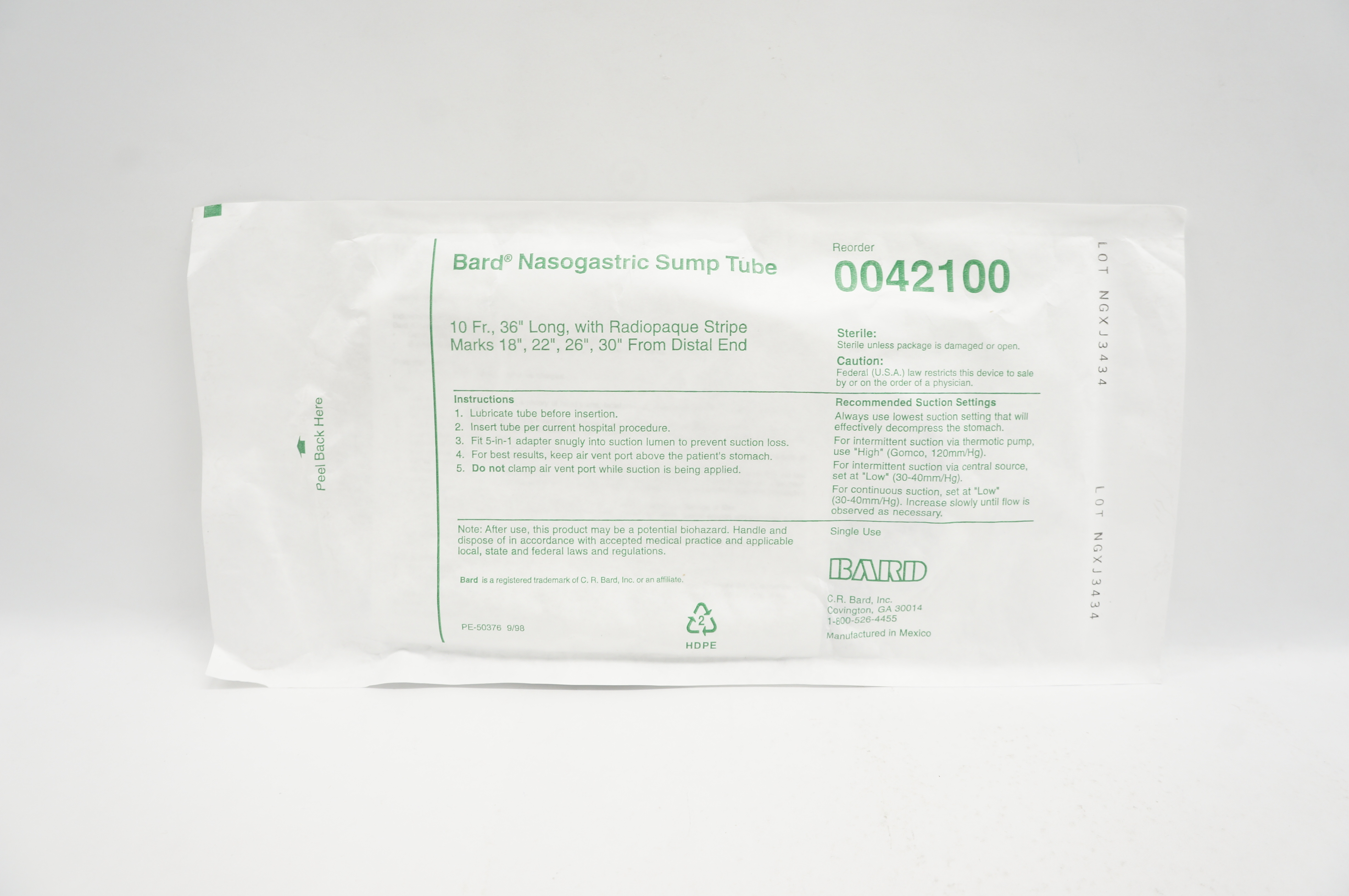 Bard 0042100 Nasogastric Sump Tube with Radiopaque Stripe Marks 10Fr x 36inch