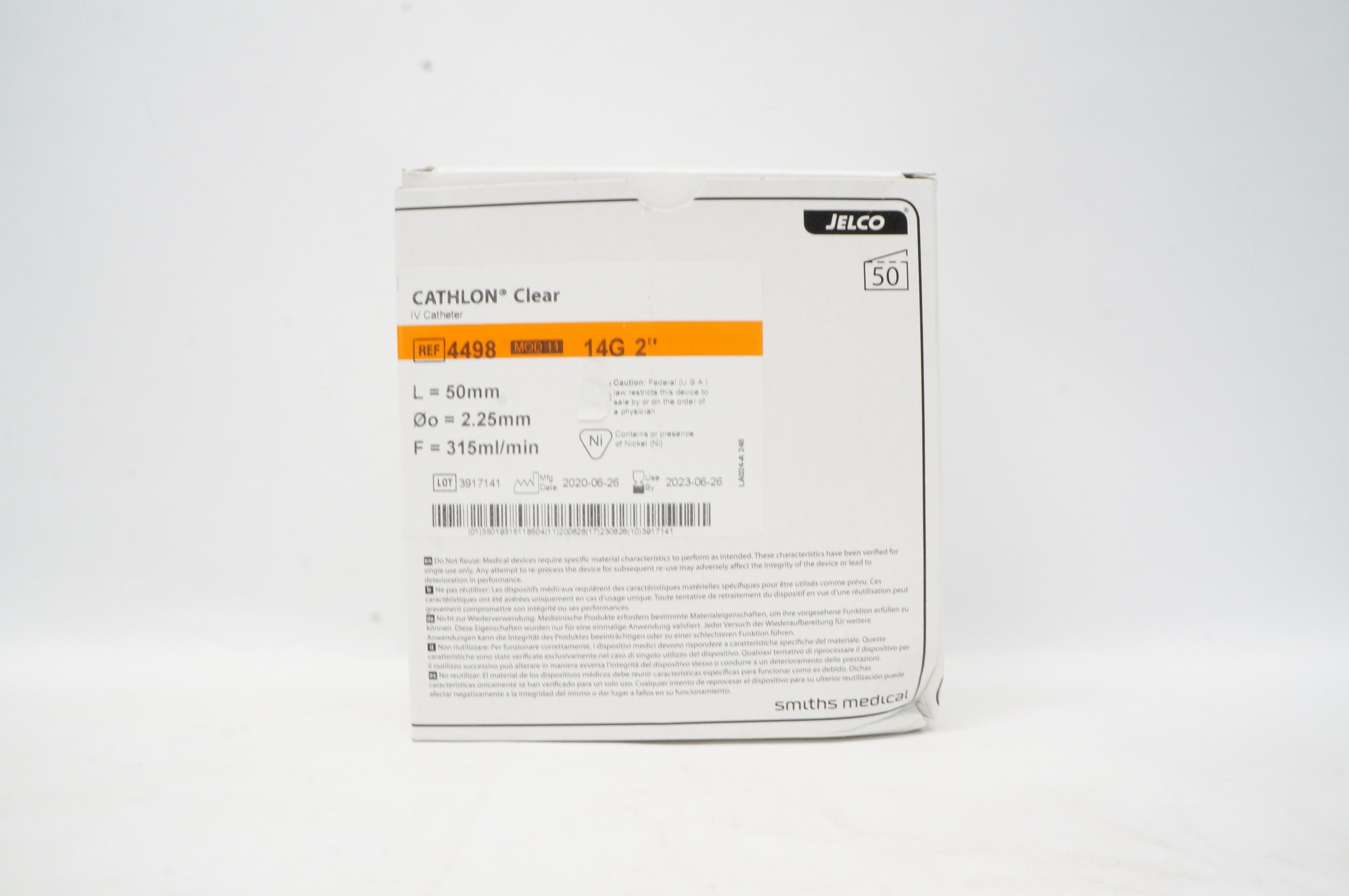 Smiths Medical 4498 CATHLON Clear IV Cath. 14G x 2inch - Box of 50